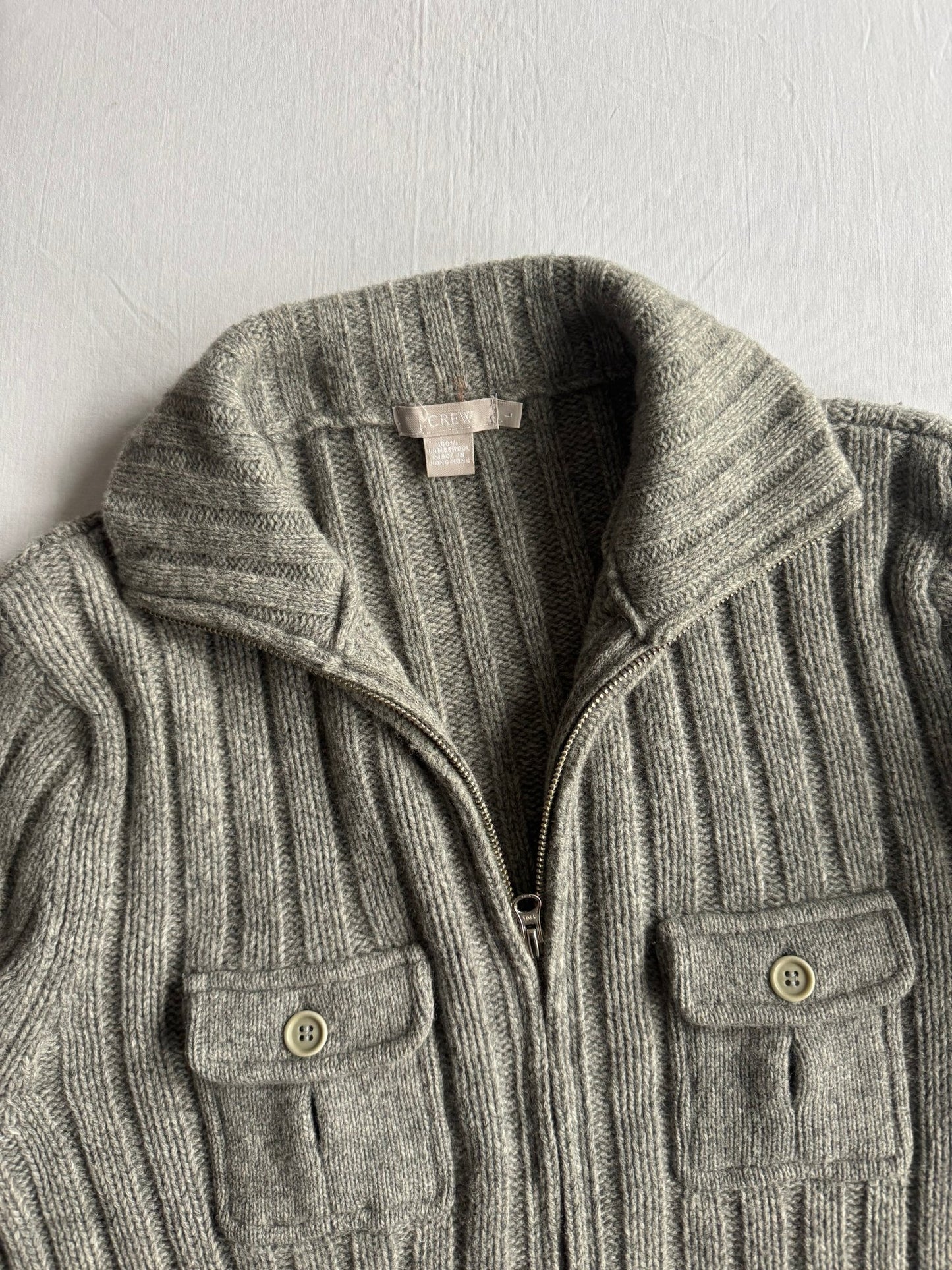 🧶 Cardigan Y2K Bărbați J.Crew Gri cu Fermoar din Lambswool – L - anbracaminte