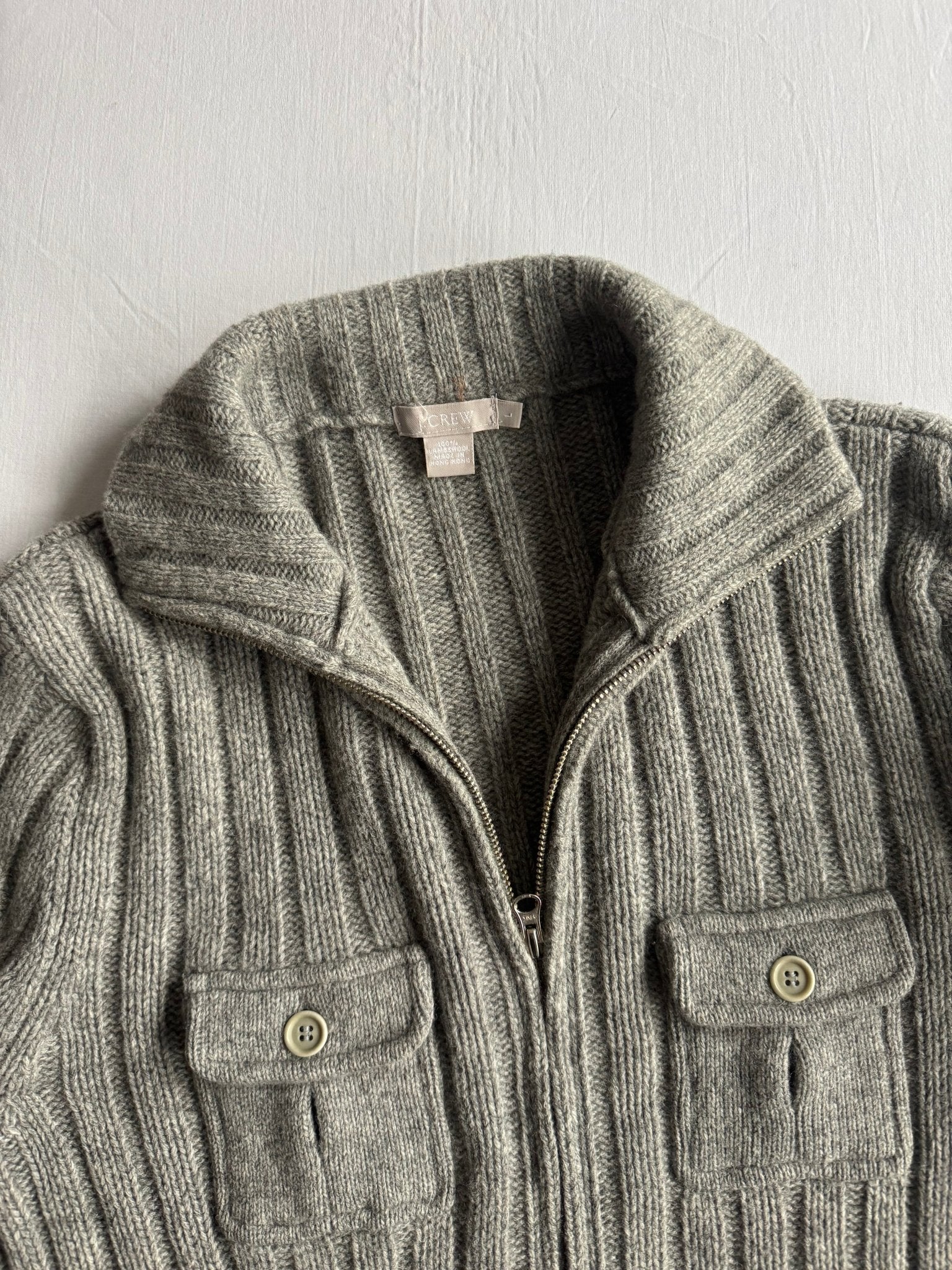 🧶 Cardigan Y2K Bărbați J.Crew Gri cu Fermoar din Lambswool – L - anbracaminte