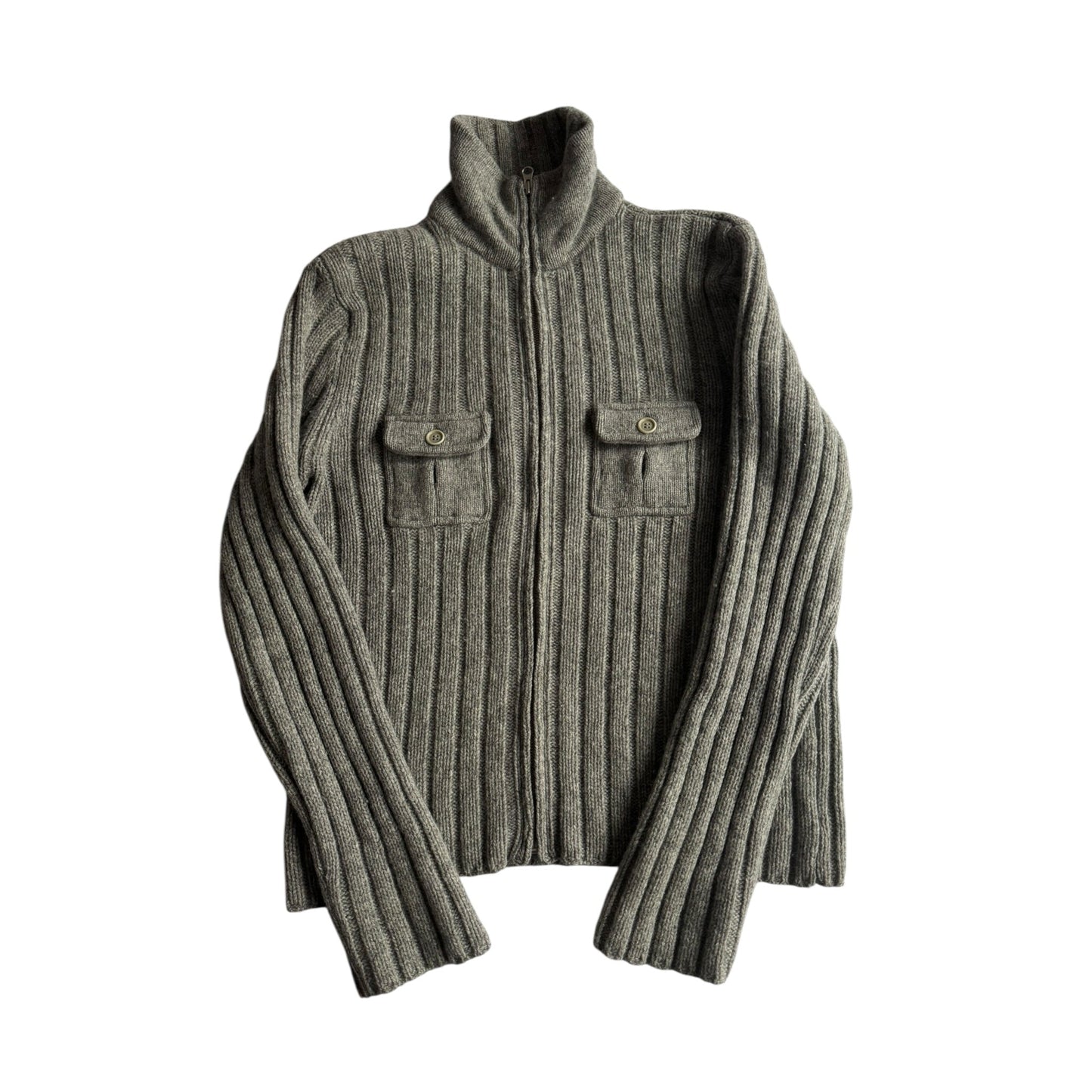 🧶 Cardigan Y2K Bărbați J.Crew Gri cu Fermoar din Lambswool – L - anbracaminte