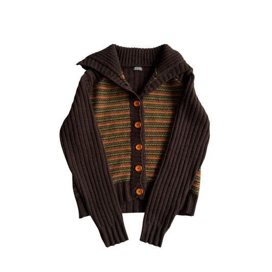 🧶 Cardigan Y2K Damă Maro din Lână cu Model Striped – S - anbracaminte