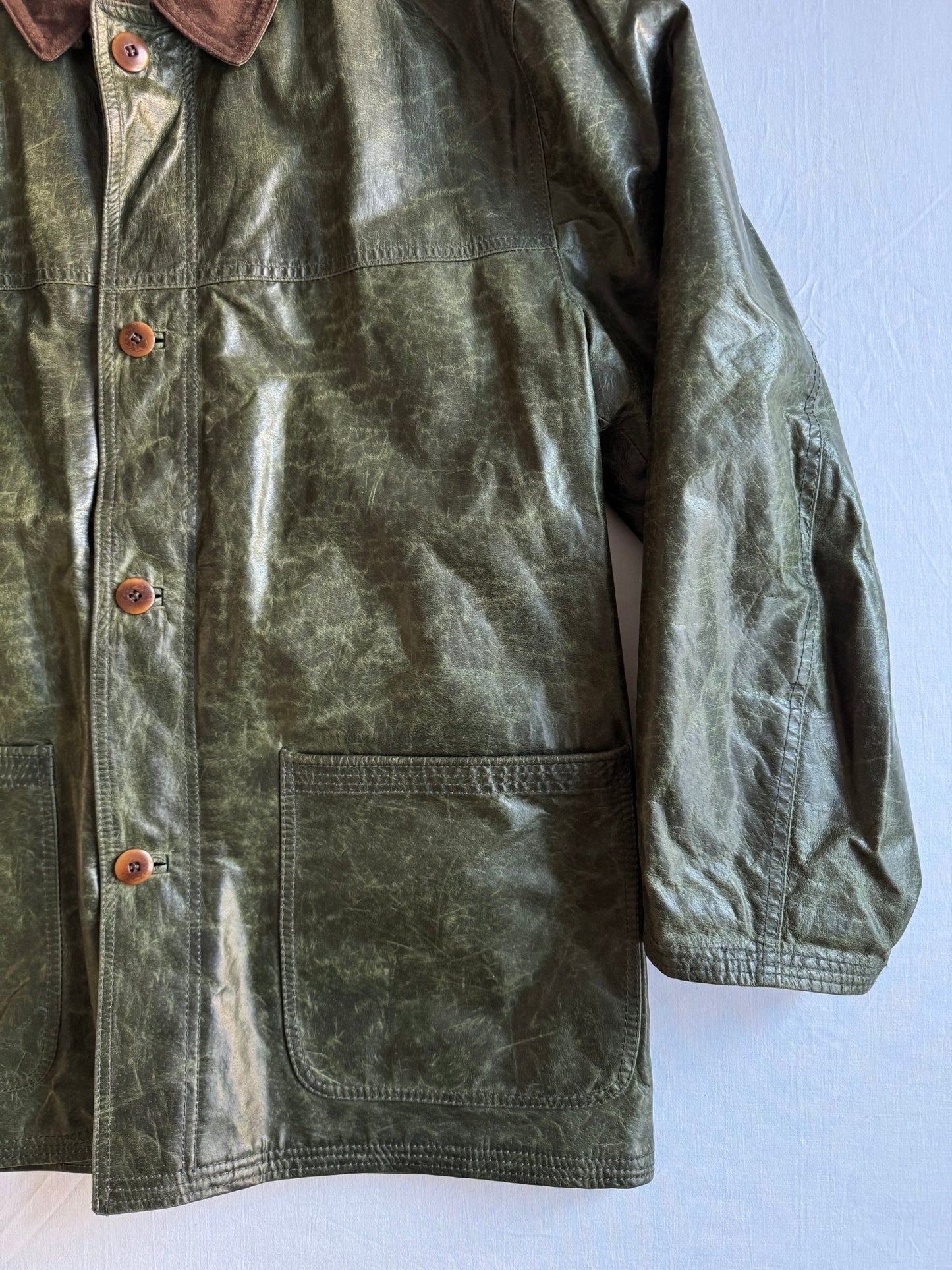 🌳 Chore Coat Vintage din Piele Cerată Verde Închis – Mărime XL - anbracaminte
