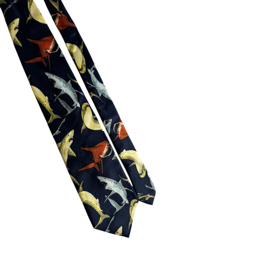 🦈 Cravată Vintage Bleumarin din Mătase cu Print Rechini – Made in Italy - anbracaminte