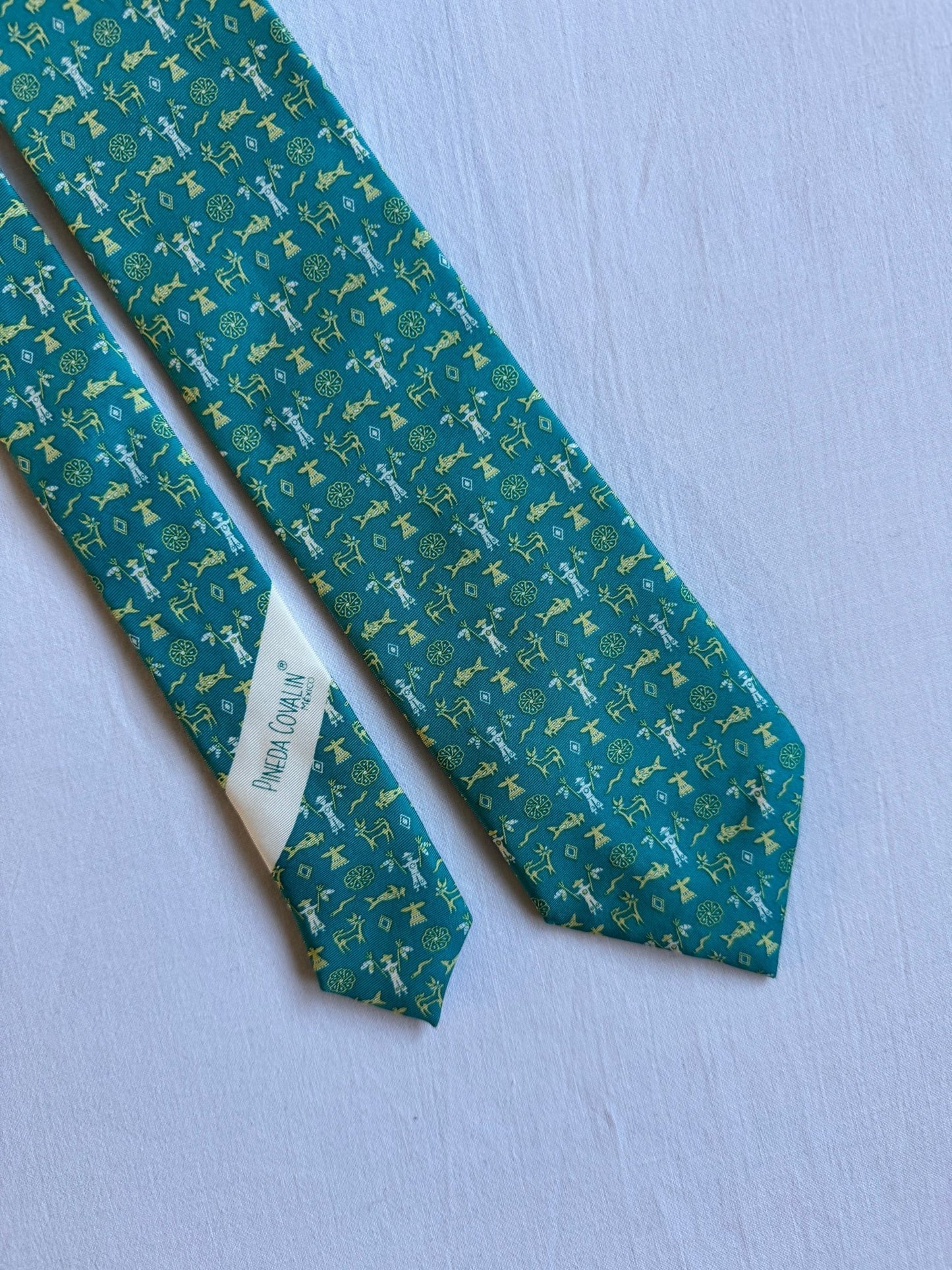 🇲🇽 Cravată Vintage Pineda Covalin Turcoaz din Mătase cu Print – Made in Mexico - anbracaminte