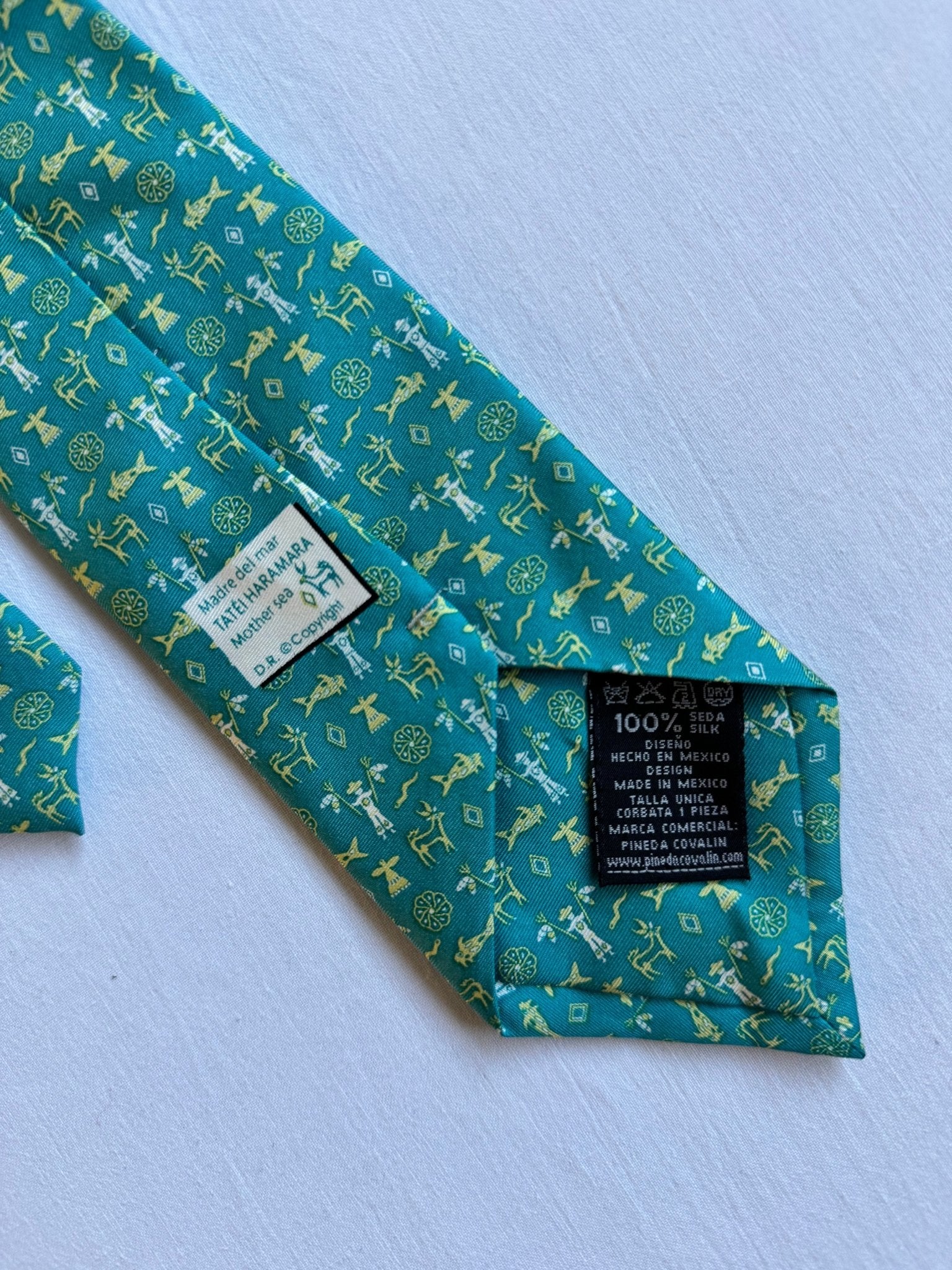 🇲🇽 Cravată Vintage Pineda Covalin Turcoaz din Mătase cu Print – Made in Mexico - anbracaminte