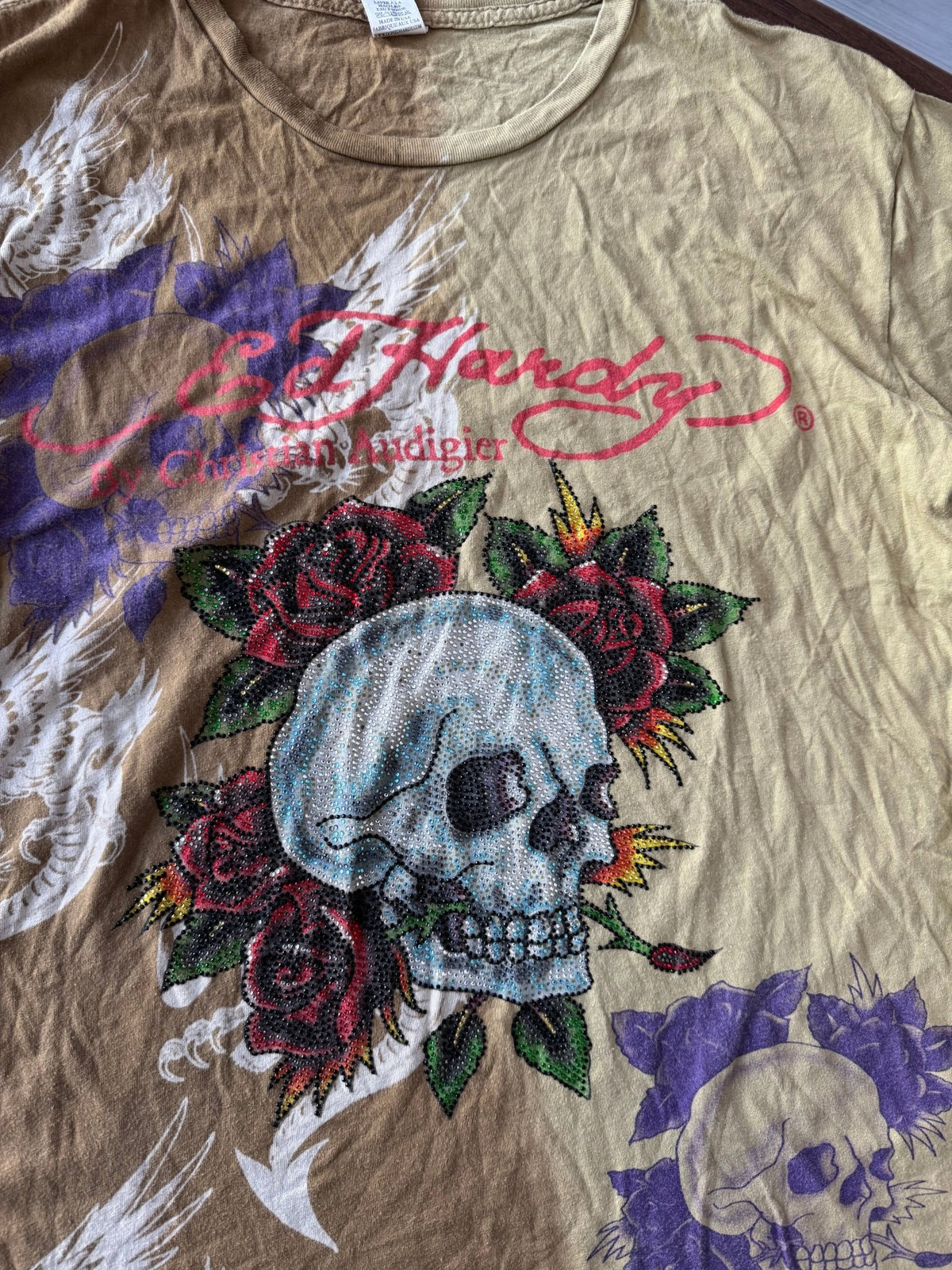 Ed Hardy Top Y2K Bărbați | All-Over Print și Strasuri | XL - anbracaminte