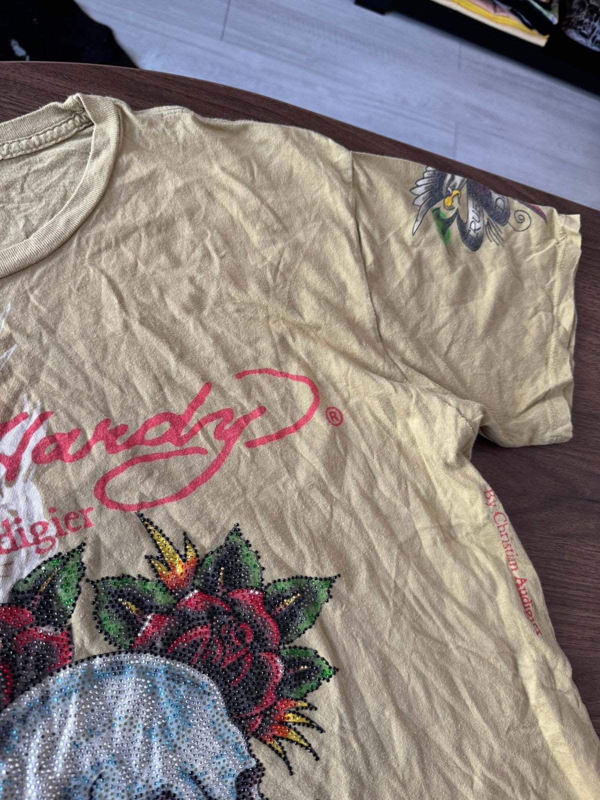 Ed Hardy Top Y2K Bărbați | All-Over Print și Strasuri | XL - anbracaminte