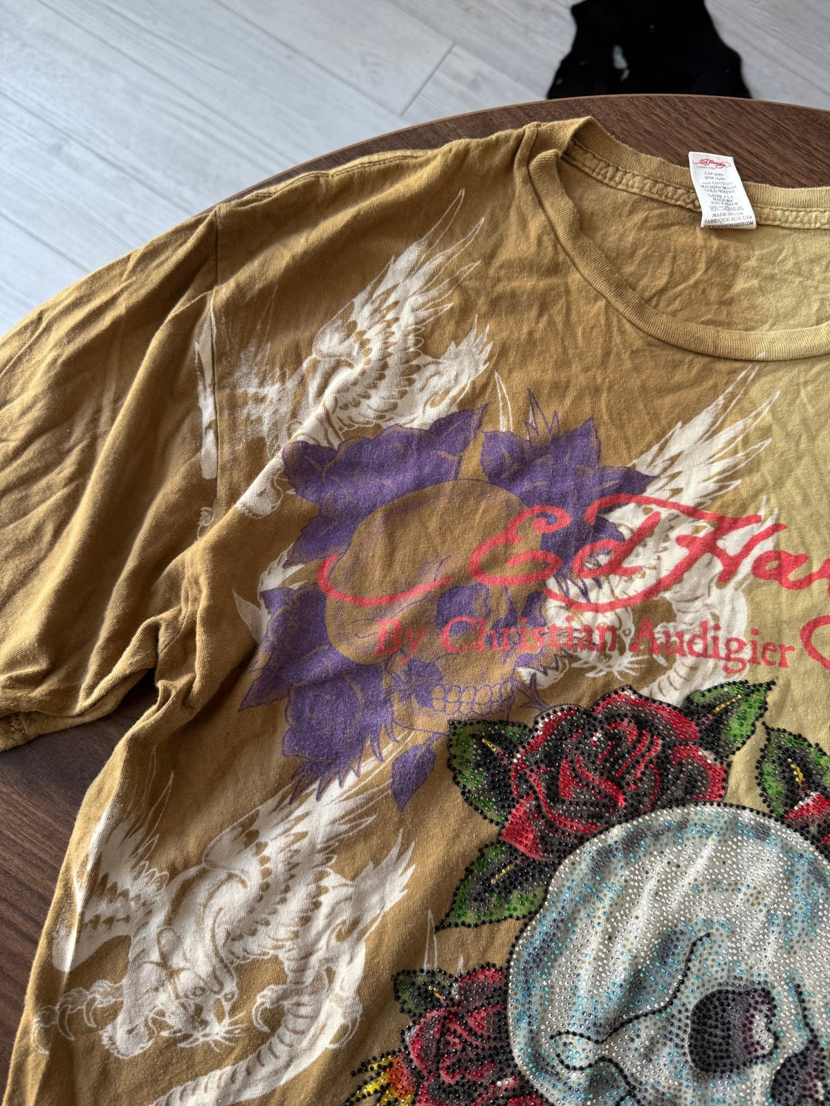 Ed Hardy Top Y2K Bărbați | All-Over Print și Strasuri | XL - anbracaminte