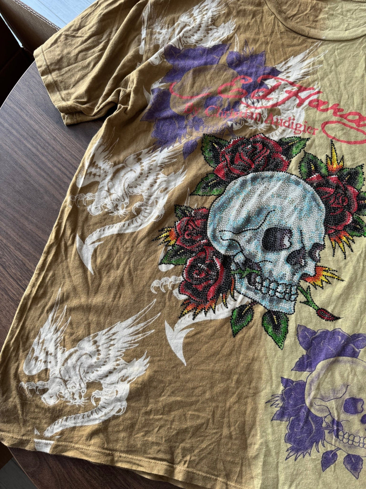 Ed Hardy Top Y2K Bărbați | All-Over Print și Strasuri | XL - anbracaminte