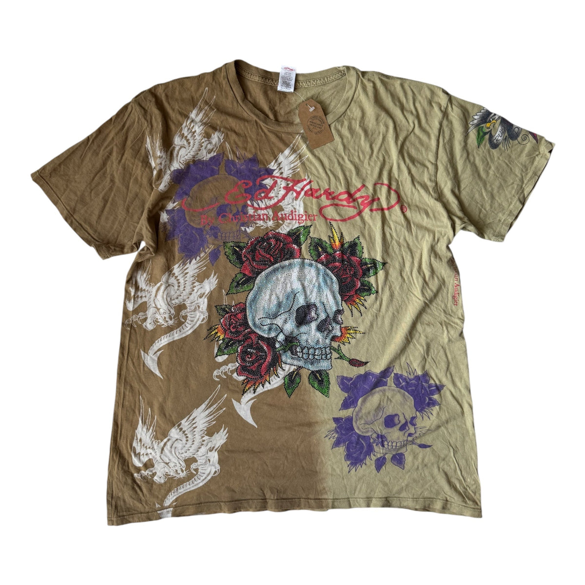 Ed Hardy Top Y2K Bărbați | All-Over Print și Strasuri | XL - anbracaminte