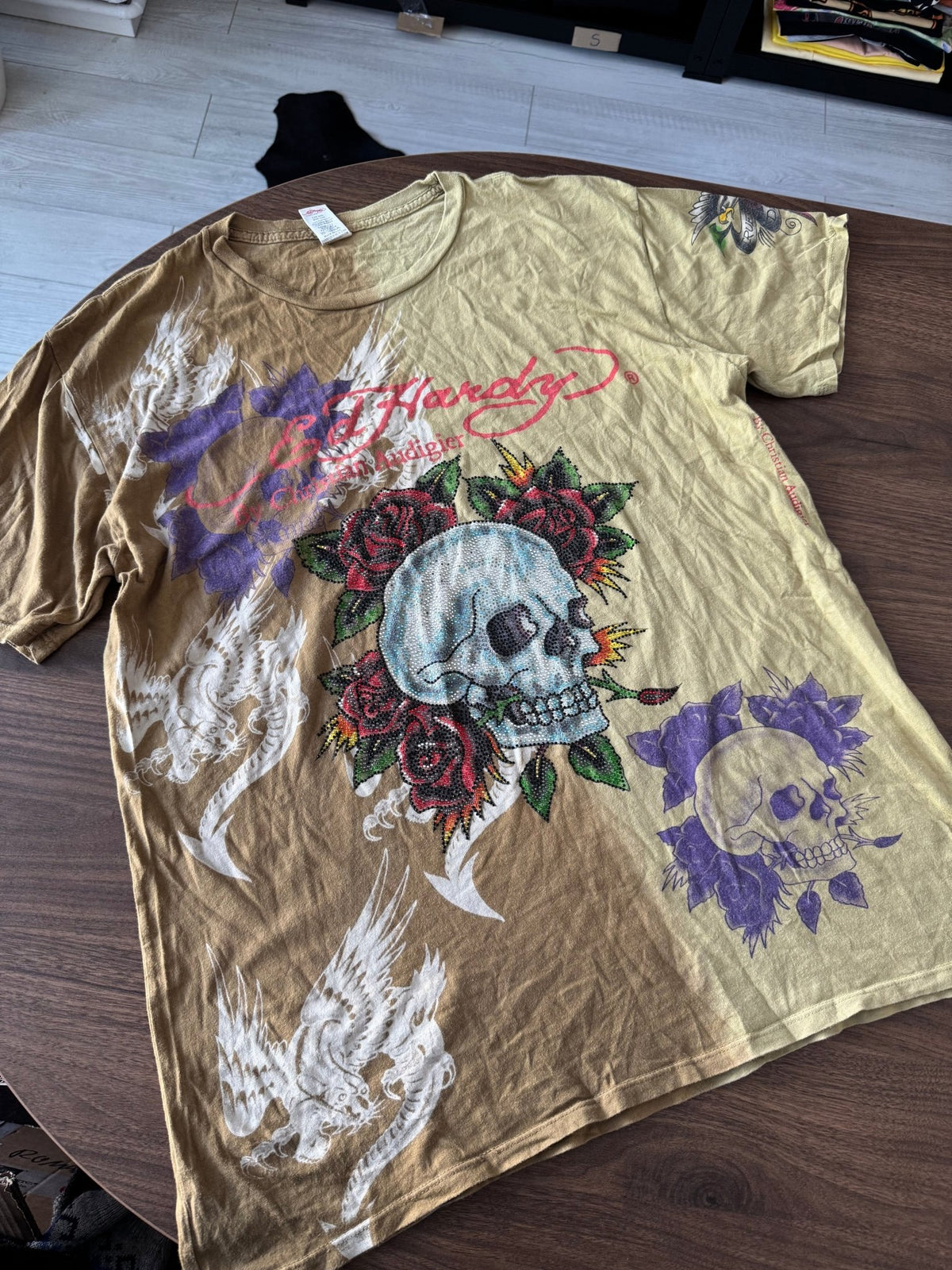 Ed Hardy Top Y2K Bărbați | All-Over Print și Strasuri | XL - anbracaminte