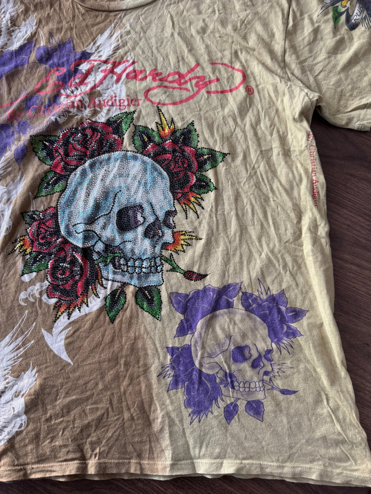Ed Hardy Top Y2K Bărbați | All-Over Print și Strasuri | XL - anbracaminte