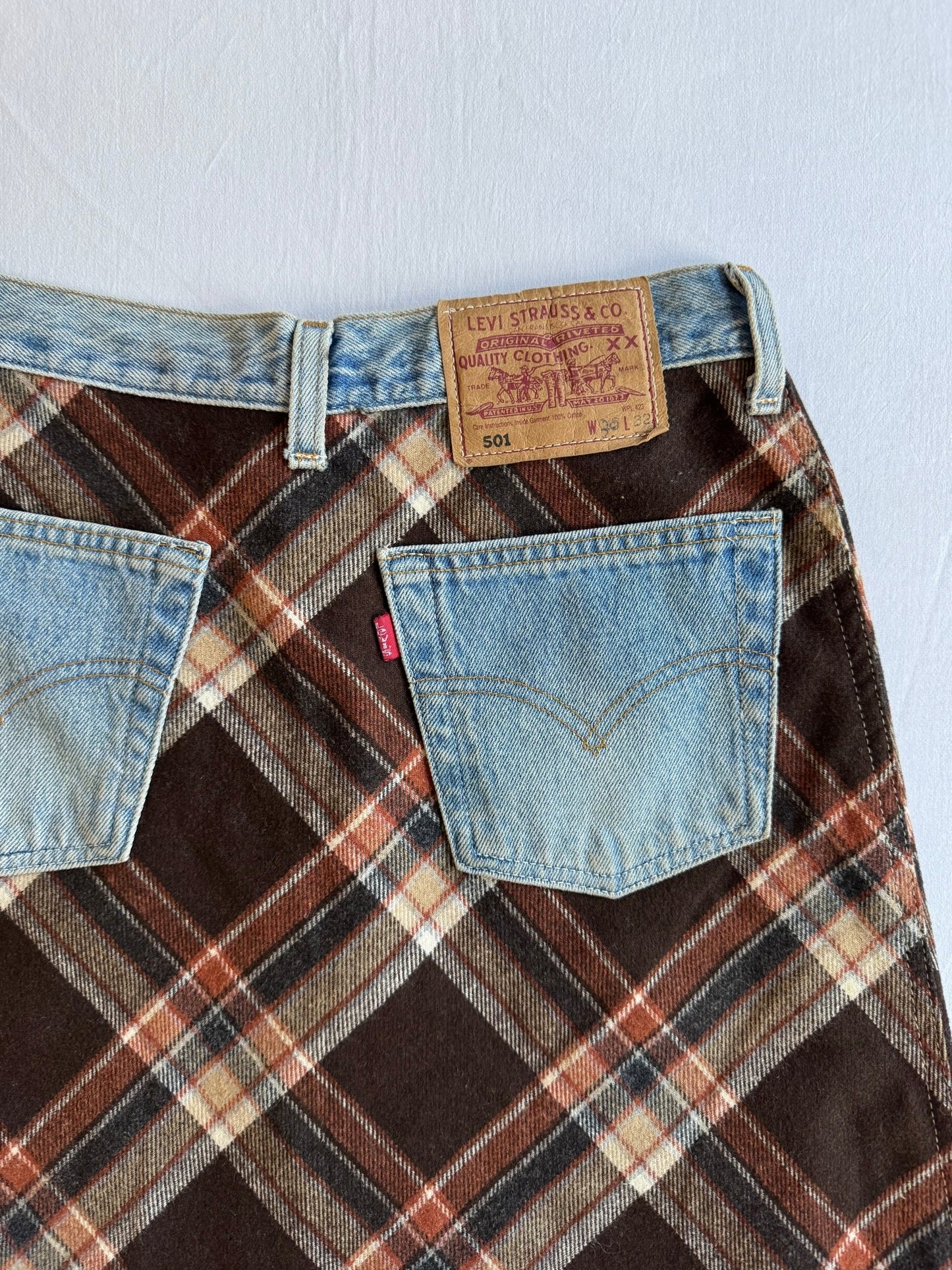 👖 🐑 Fustă Vintage din Lână Tartan + Reworked Levi’s – S/M - anbracaminte