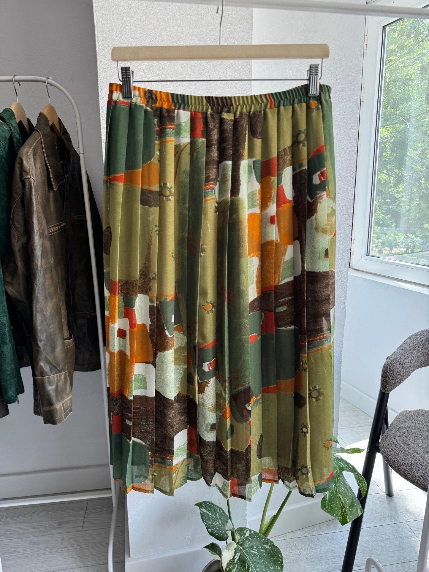 🌳 Fustă Vintage Green Printed Plisată – EU 40 (M/L Damă) - anbracaminte
