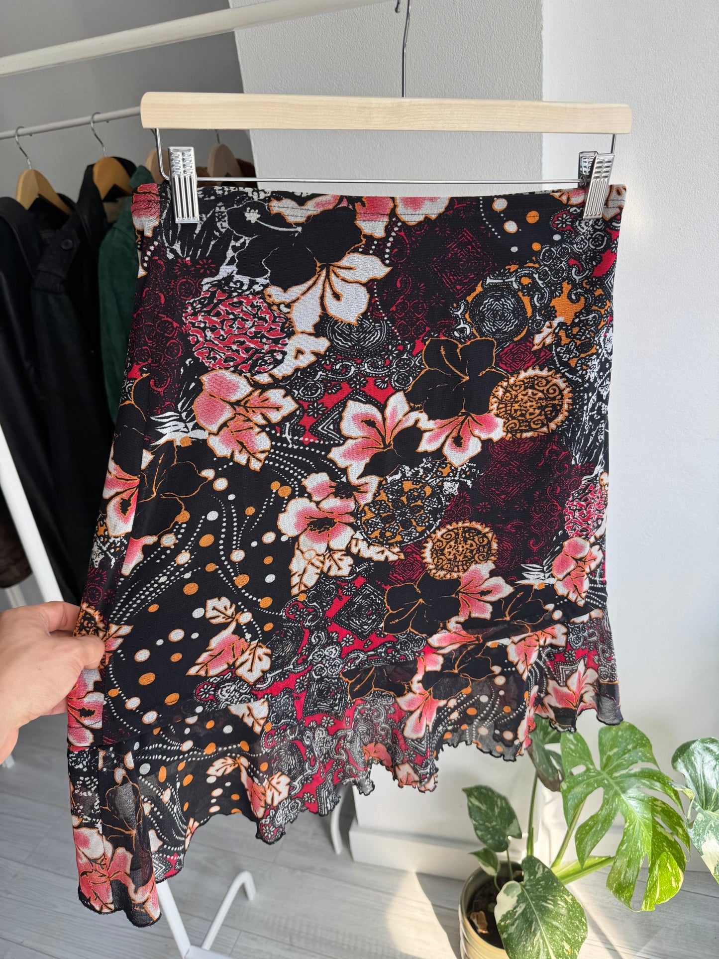 🌸 Fustă Y2K Floral Printed Mesh – S Damă - anbracaminte