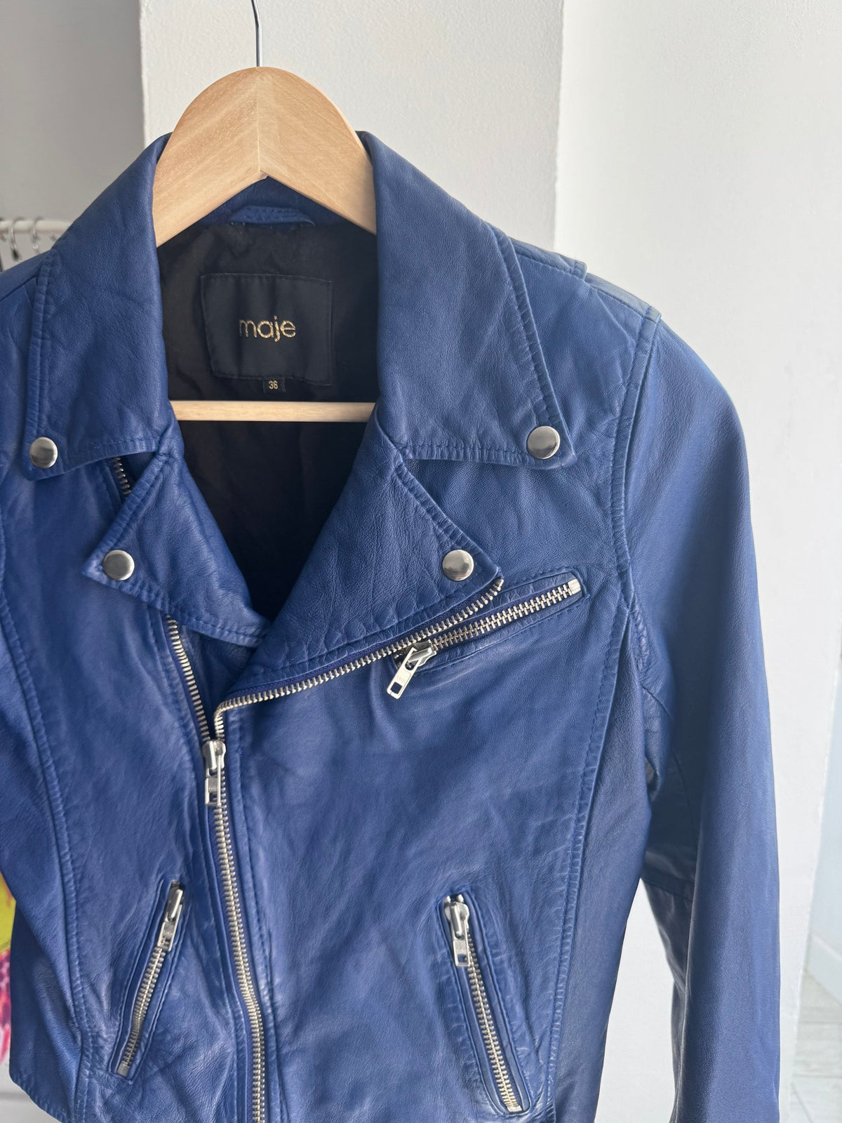🔵 Geacă Biker Maje din Piele de Miel Albastră – EU 36 (XS/S Damă) - anbracaminte