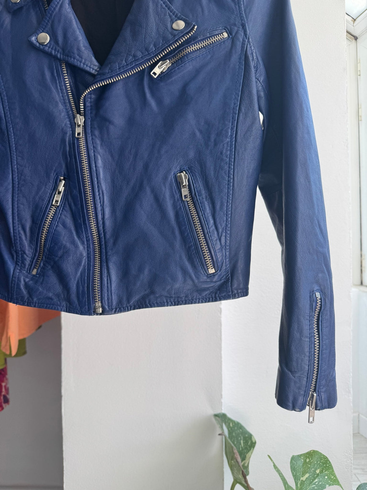 🔵 Geacă Biker Maje din Piele de Miel Albastră – EU 36 (XS/S Damă) - anbracaminte