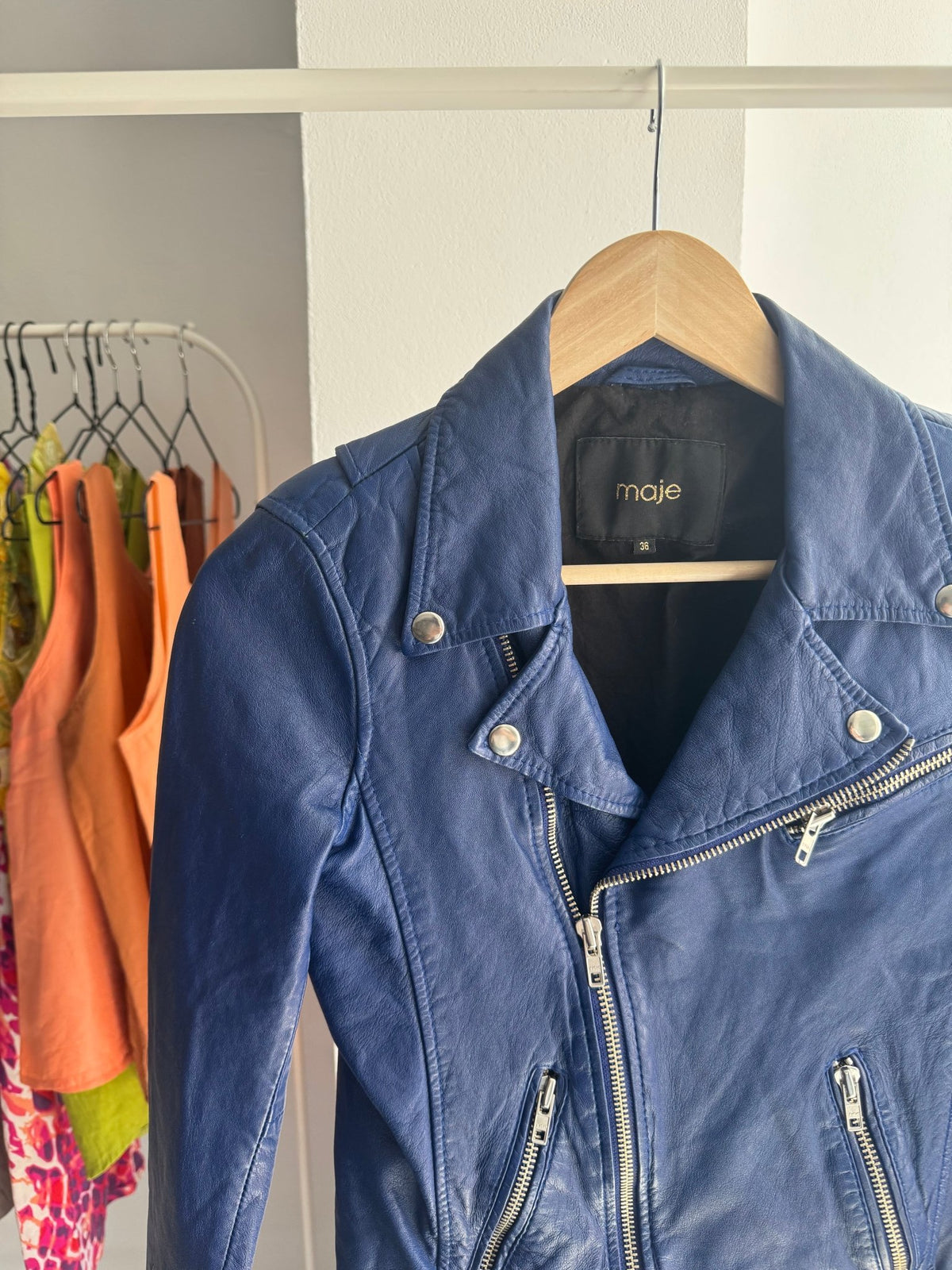 🔵 Geacă Biker Maje din Piele de Miel Albastră – EU 36 (XS/S Damă) - anbracaminte