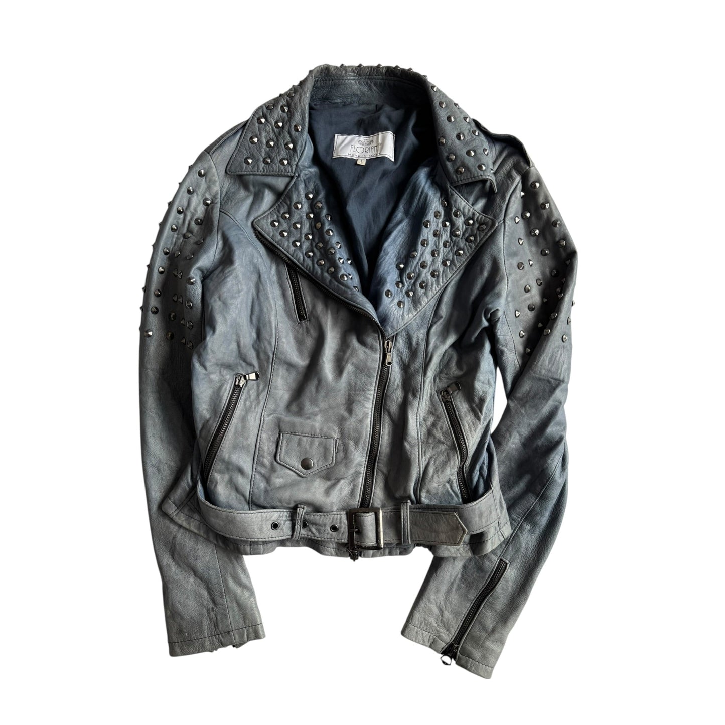 💙 Geacă Biker Y2K Damă din Piele Baby Blue Faded cu Ținte – L - anbracaminte