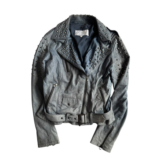 💙 Geacă Biker Y2K Damă din Piele Baby Blue Faded cu Ținte – L - anbracaminte