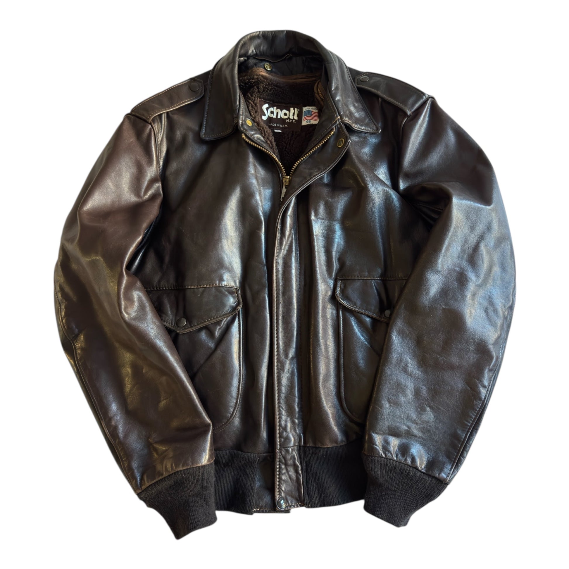 ✈️ Geacă de piele Schott NYC 184SM A - 2 maro, bărbați L – piele de vacă autentică, Made in USA 🇺🇸 - anbracaminte