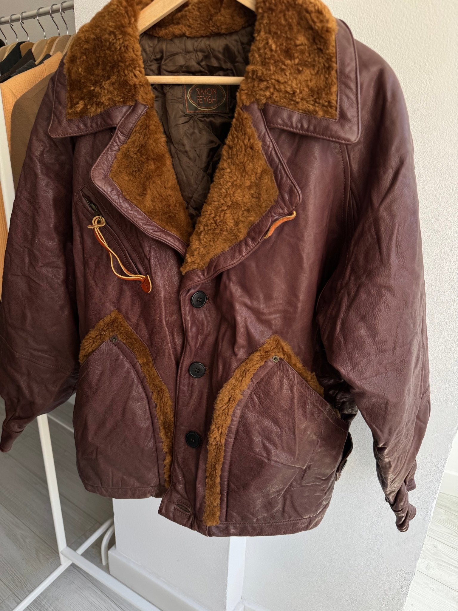 🐻 Geacă Vintage Bărbați din Piele Burgundy/Maro cu Inserții Shearling – XL – Made in Italy - anbracaminte