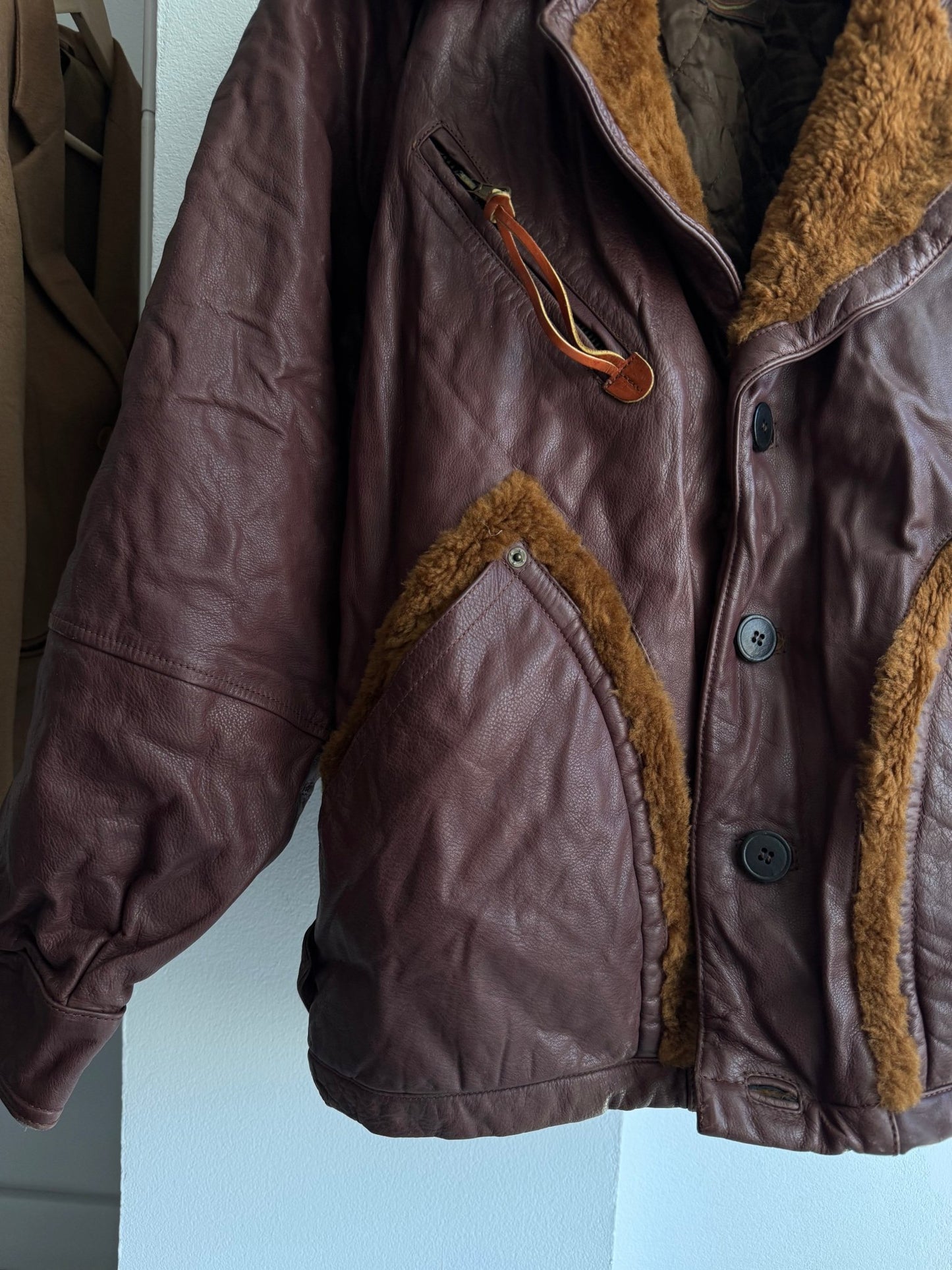 🐻 Geacă Vintage Bărbați din Piele Burgundy/Maro cu Inserții Shearling – XL – Made in Italy - anbracaminte