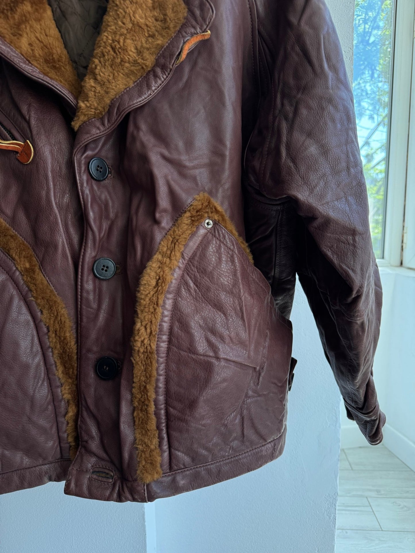 🐻 Geacă Vintage Bărbați din Piele Burgundy/Maro cu Inserții Shearling – XL – Made in Italy - anbracaminte
