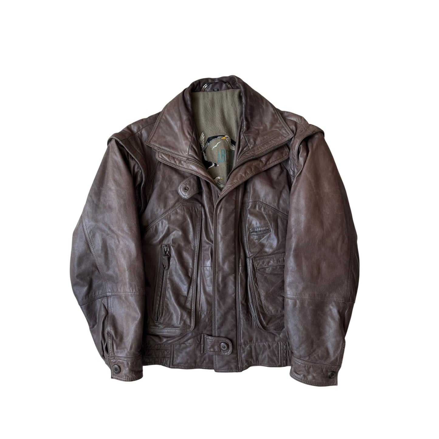 ☀️ Geacă Vintage Bărbați din Piele de Vacă (Cowhide) – Utility Jacket cu Mâneci Detașabile – M (46) - anbracaminte