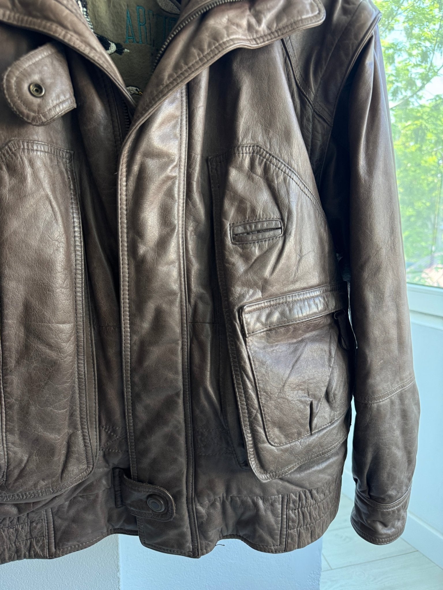 ☀️ Geacă Vintage Bărbați din Piele de Vacă (Cowhide) – Utility Jacket cu Mâneci Detașabile – M (46) - anbracaminte