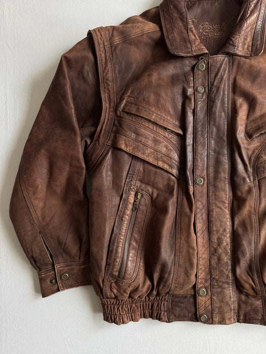 ☀️ Geacă Vintage Bărbați din Piele Maro Faded – XL (Cropped & Boxy, Detachable Sleeves) - anbracaminte