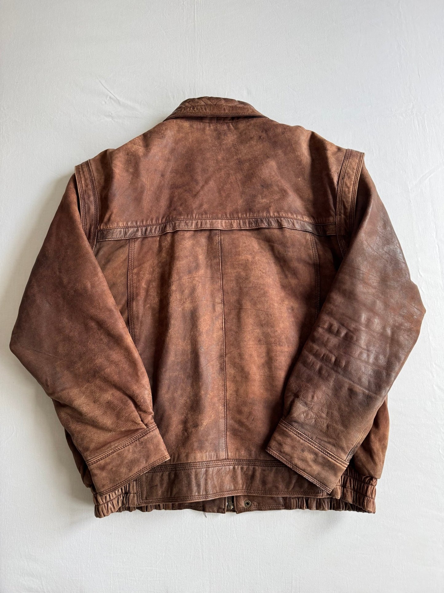 ☀️ Geacă Vintage Bărbați din Piele Maro Faded – XL (Cropped & Boxy, Detachable Sleeves) - anbracaminte