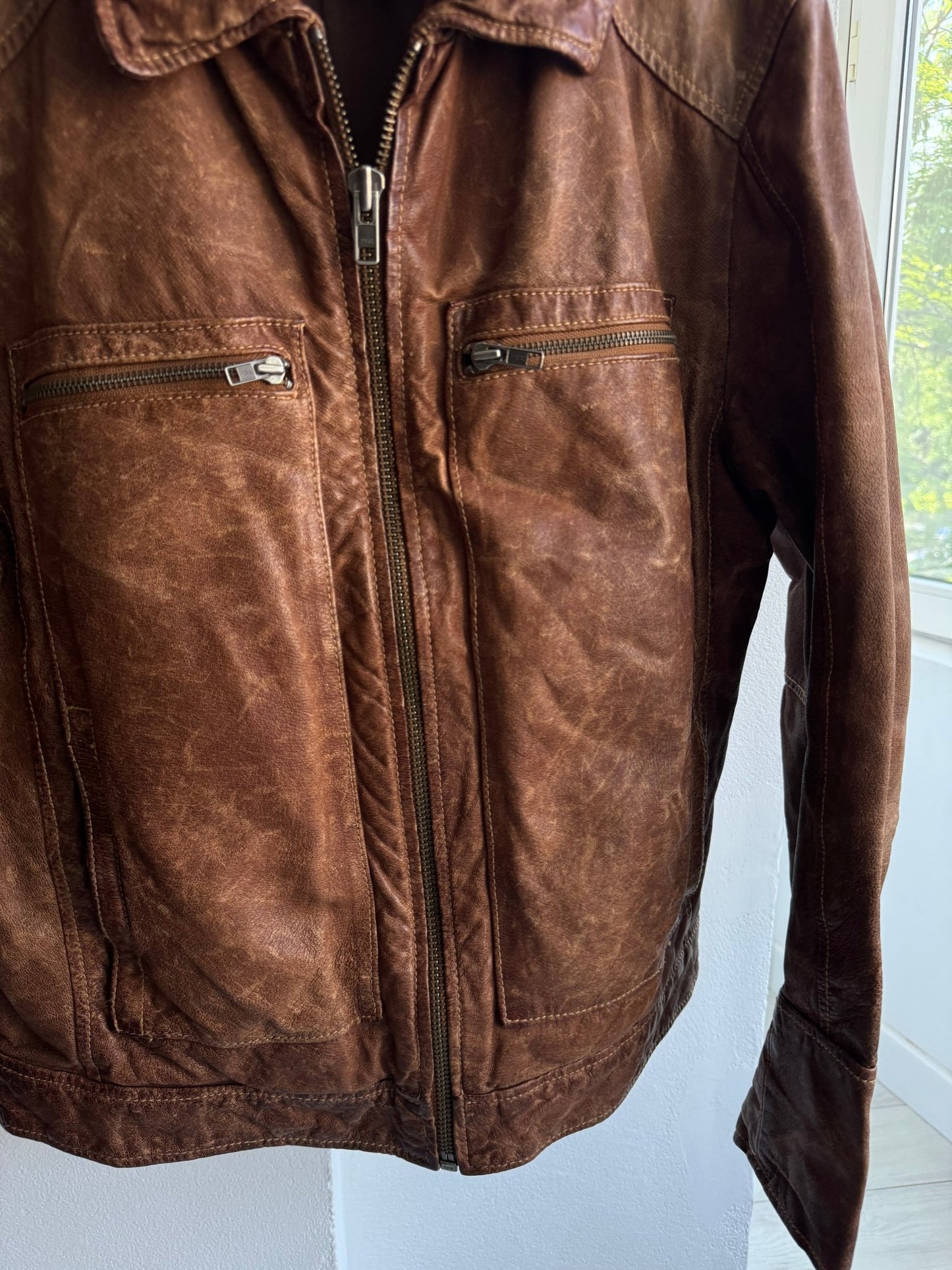 🤎 Geacă Vintage Bărbați din Piele Maro – Patină & Fade Natural – L (50) - anbracaminte