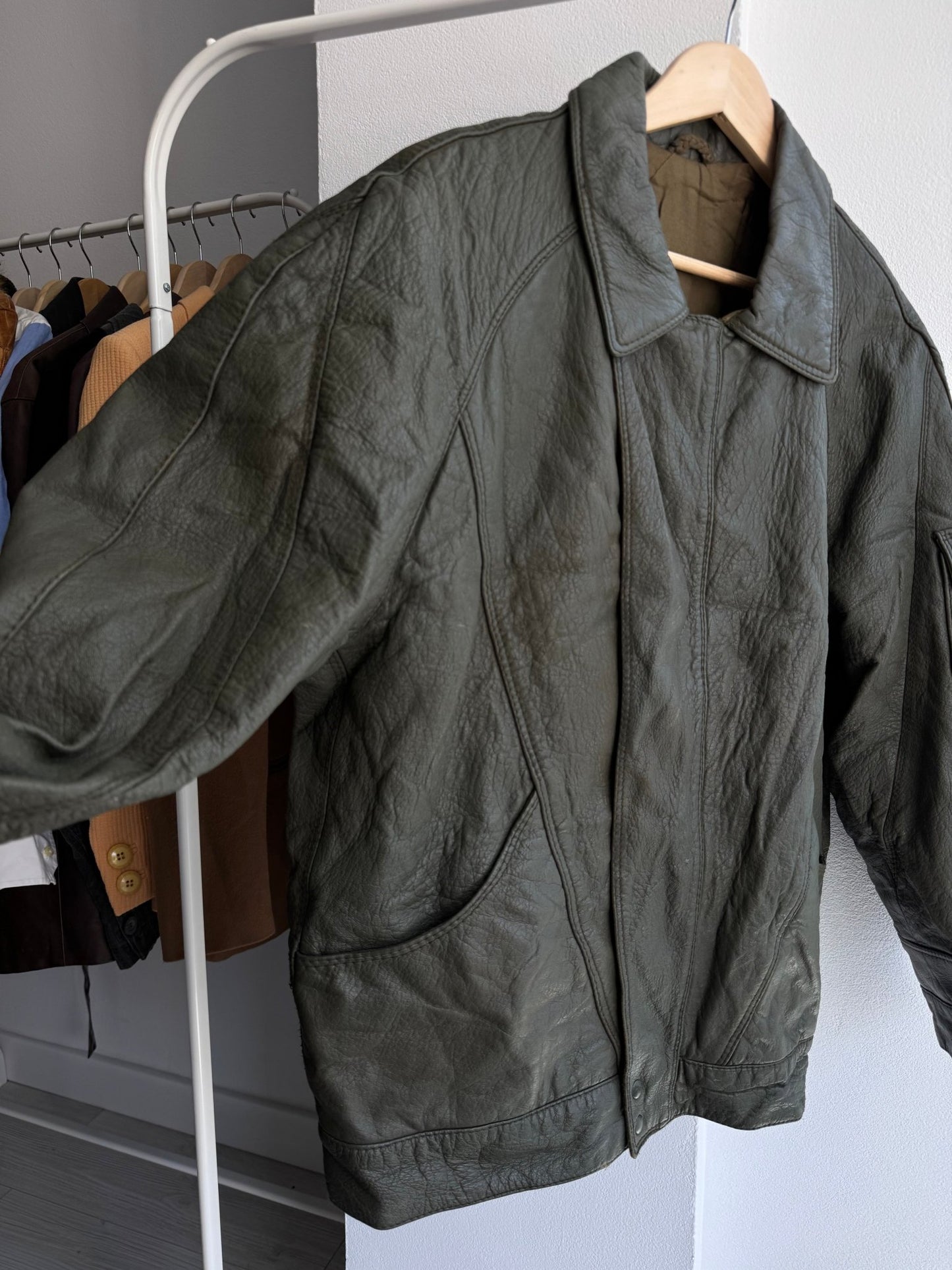 🌲 Geacă Vintage Bărbați din Piele Verde Faded – M (48) – Made in Italy - anbracaminte