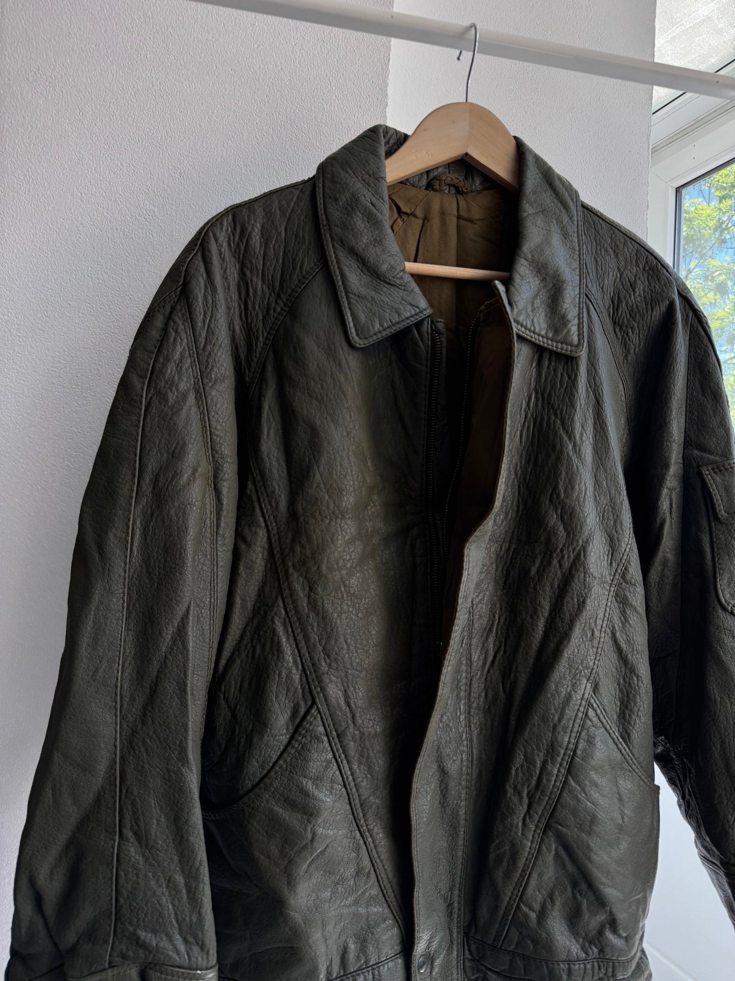 🌲 Geacă Vintage Bărbați din Piele Verde Faded – M (48) – Made in Italy - anbracaminte