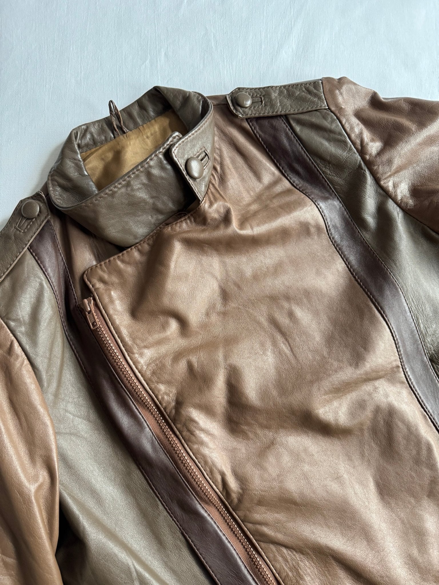 🏍️ Geacă vintage biker din piele / Maro & Olive (Women’s L) - anbracaminte