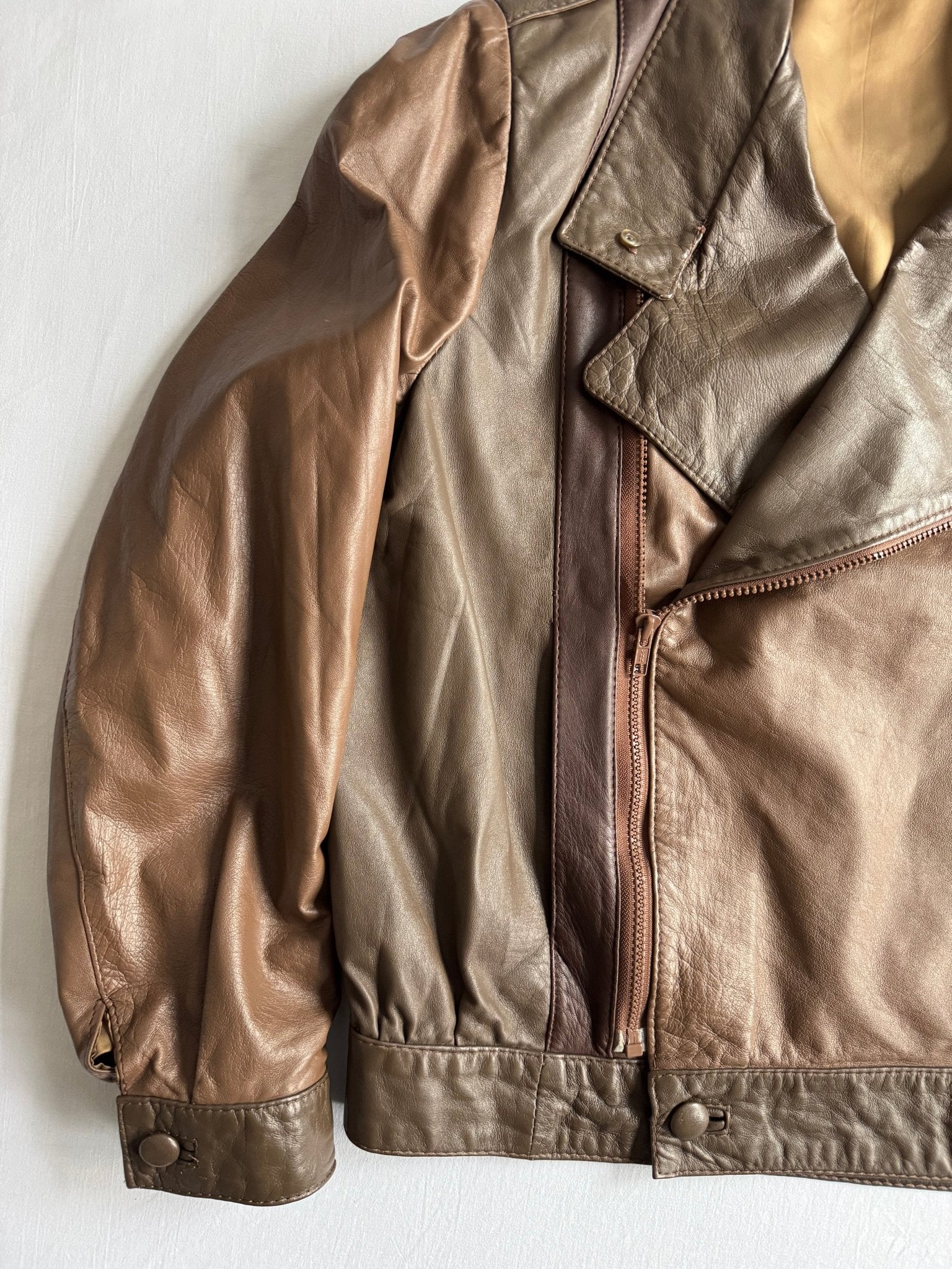 🏍️ Geacă vintage biker din piele / Maro & Olive (Women’s L) - anbracaminte