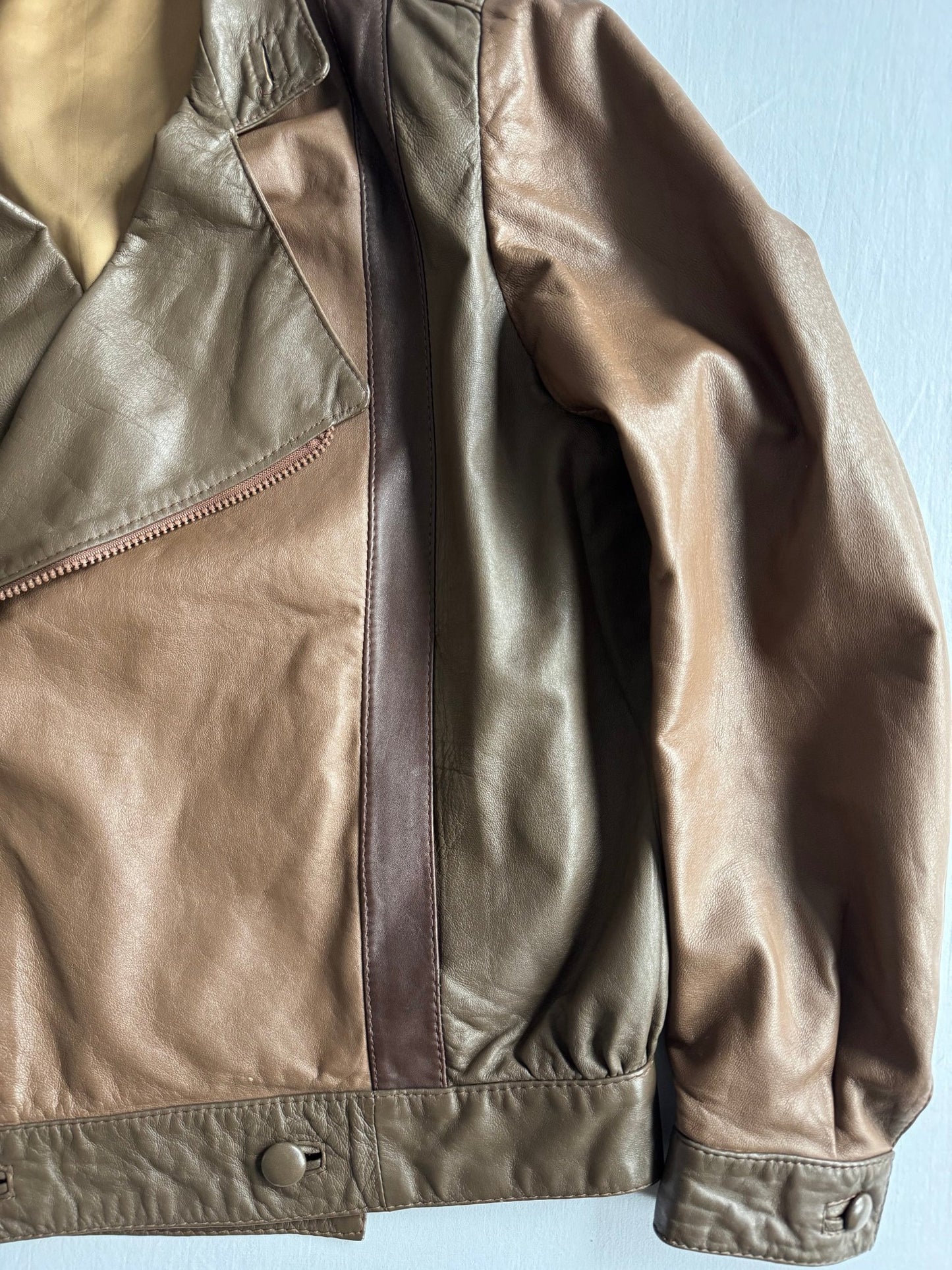 🏍️ Geacă vintage biker din piele / Maro & Olive (Women’s L) - anbracaminte