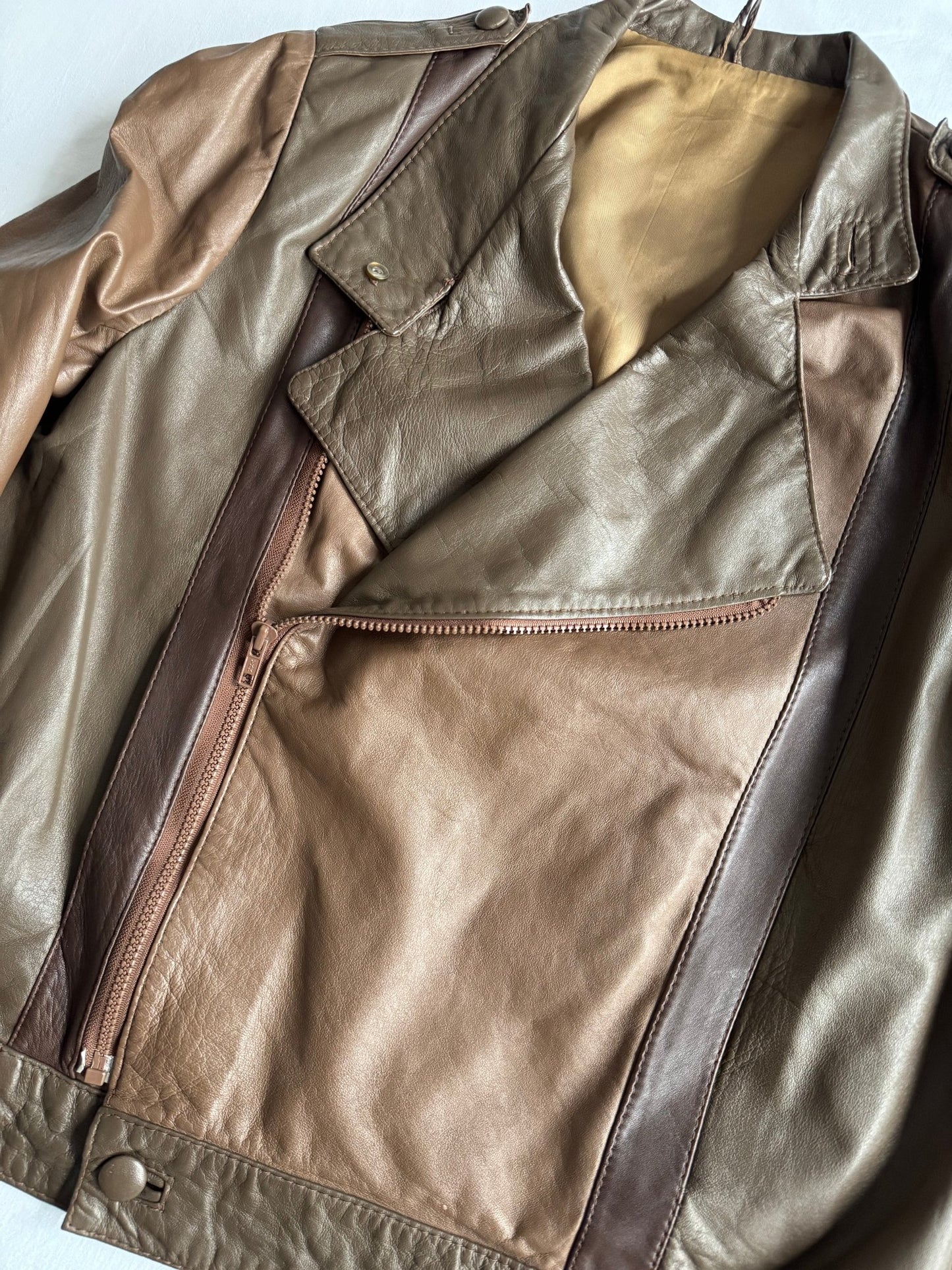 🏍️ Geacă vintage biker din piele / Maro & Olive (Women’s L) - anbracaminte