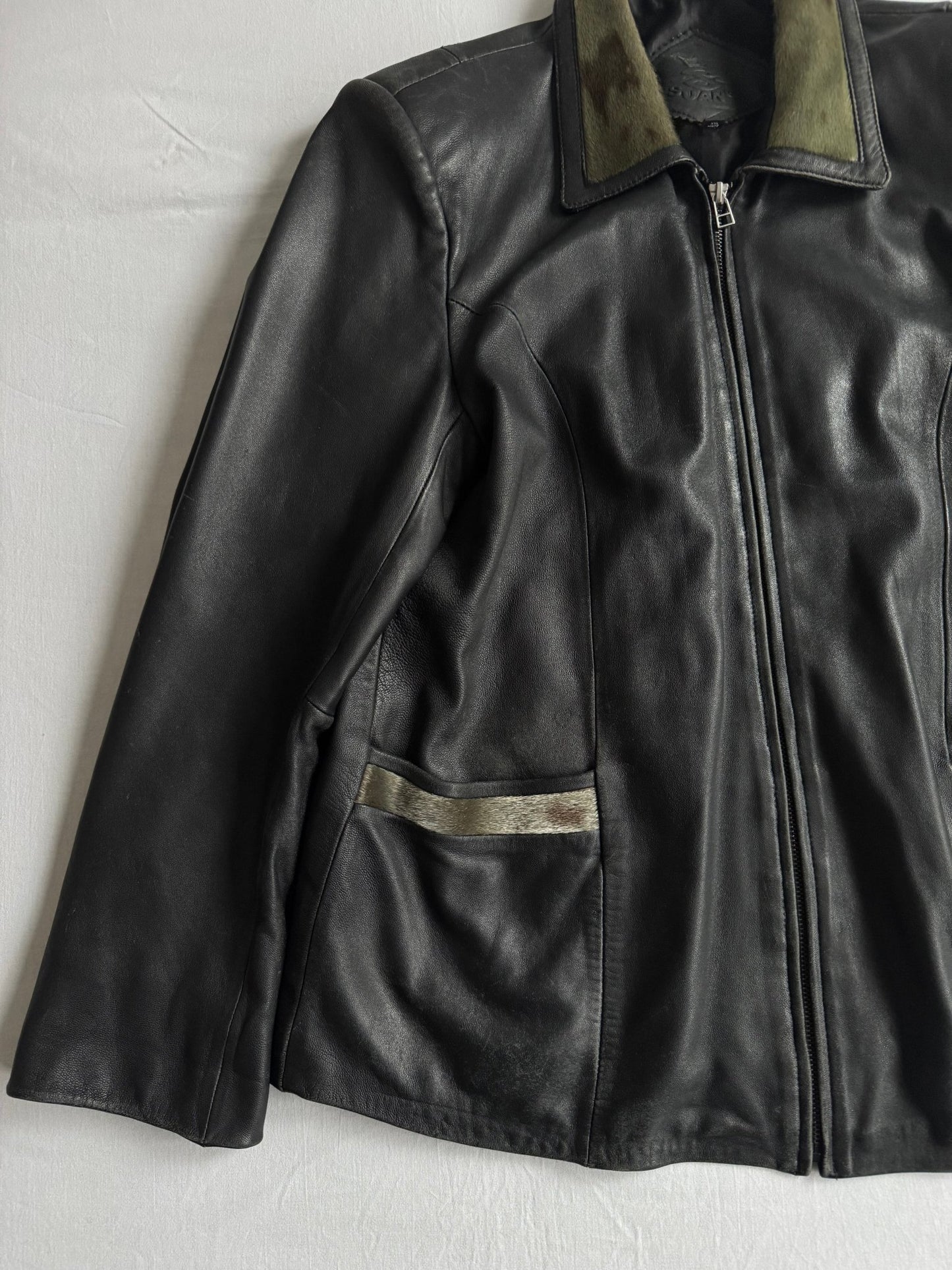 🖤 Geacă Vintage Damă din Piele Neagră cu Aplicații Păr Animal – XXL - anbracaminte