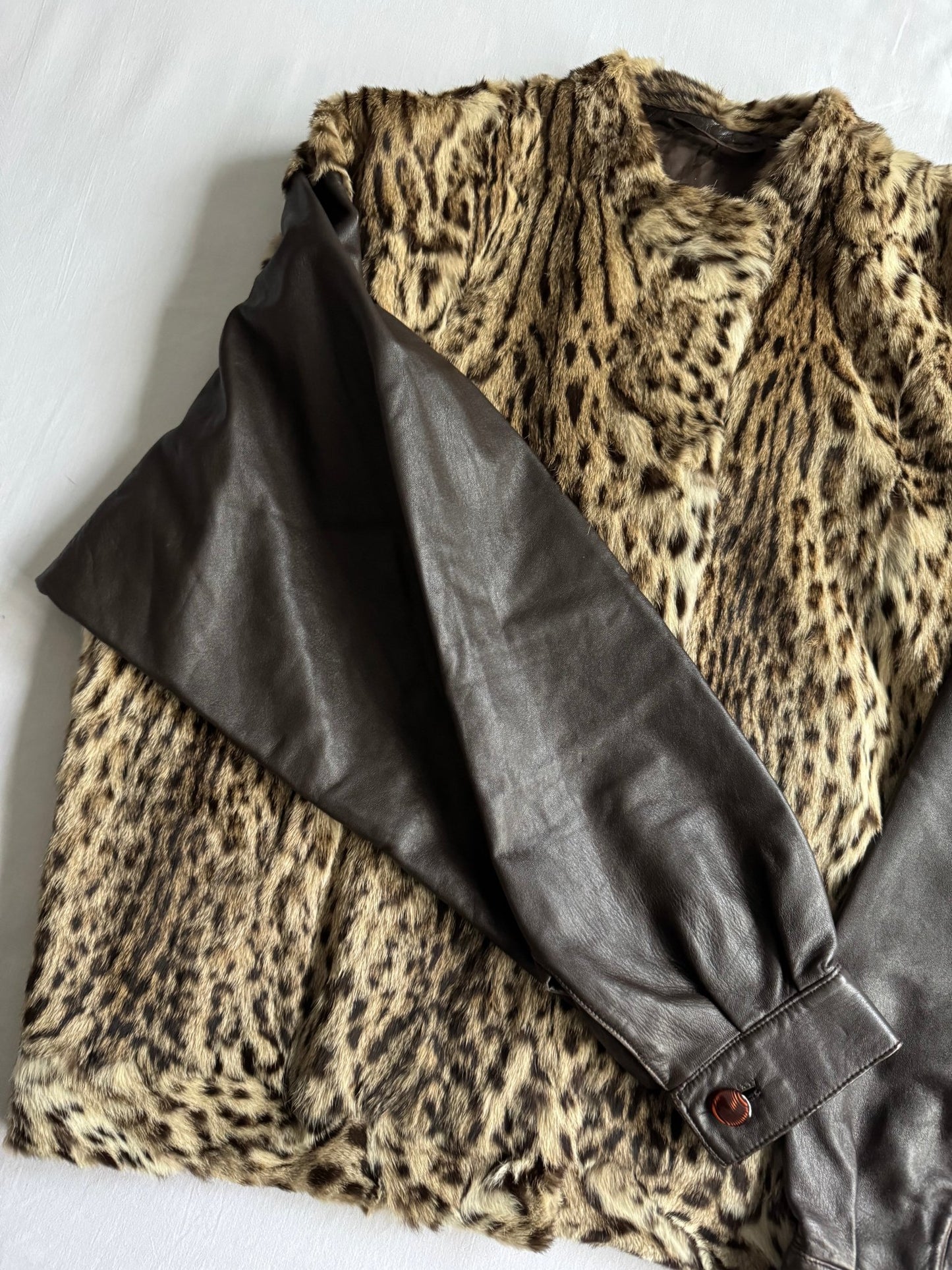 🐅 Geacă vintage din blană reală cu mâneci din piele maro – Made in Italy (Mărime aproximativă L) - anbracaminte