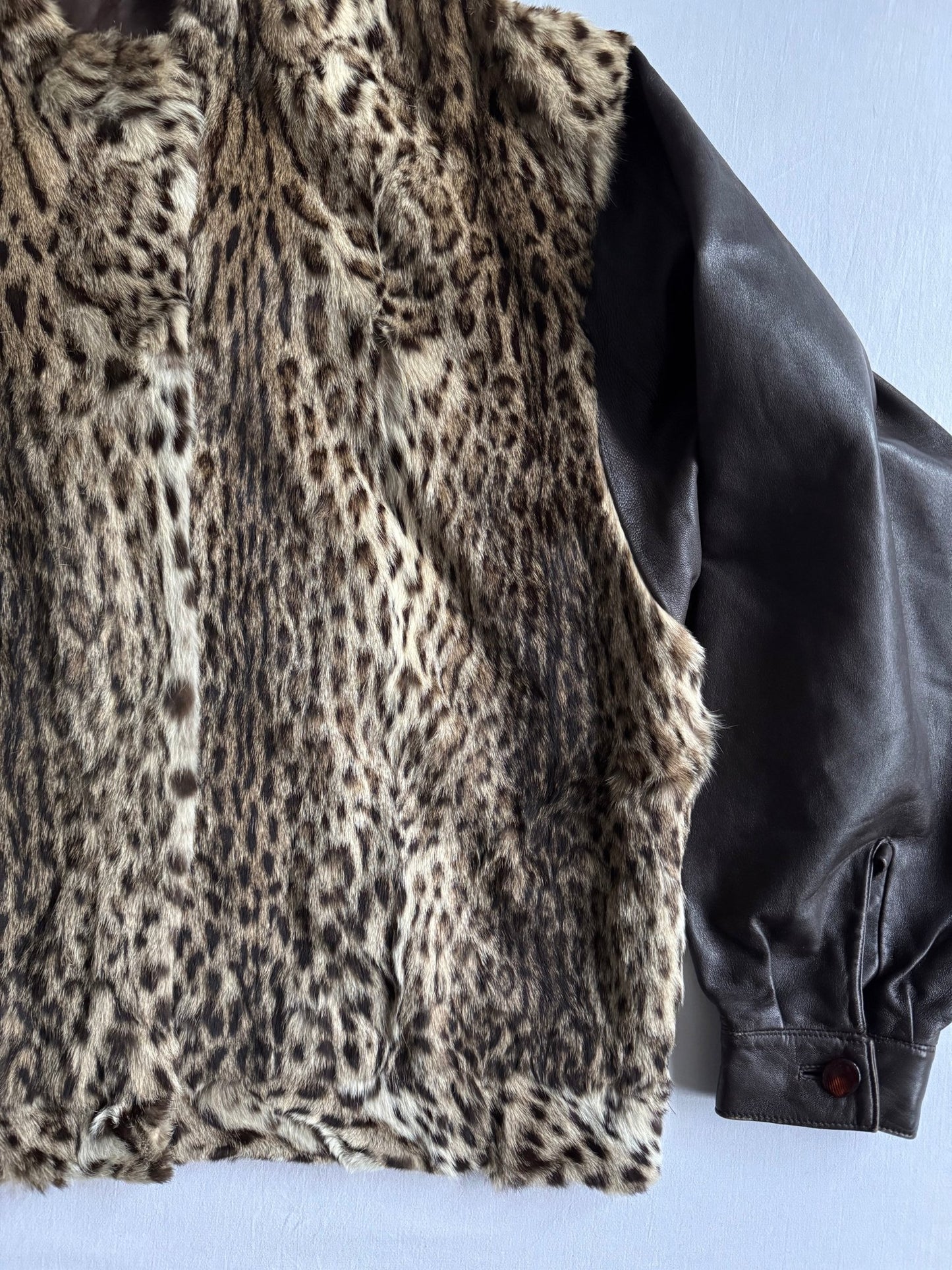🐅 Geacă vintage din blană reală cu mâneci din piele maro – Made in Italy (Mărime aproximativă L) - anbracaminte