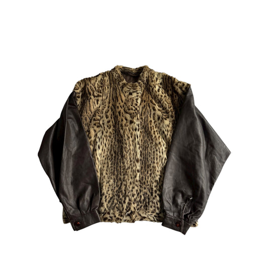 🐅 Geacă vintage din blană reală cu mâneci din piele maro – Made in Italy (Mărime aproximativă L) - anbracaminte