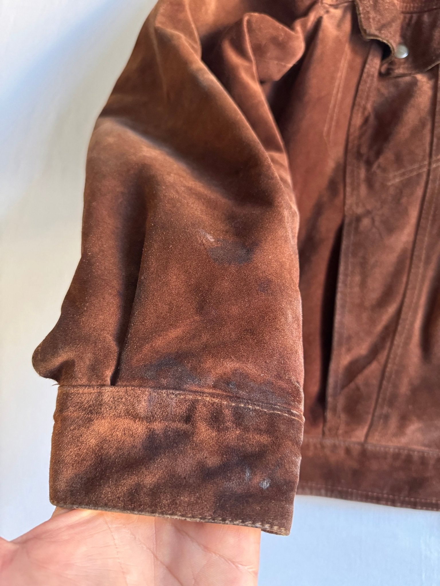 🏍️ Geacă vintage din piele întoarsă tip trucker – bărbați M – guler din piele, fabricată în Franța - anbracaminte