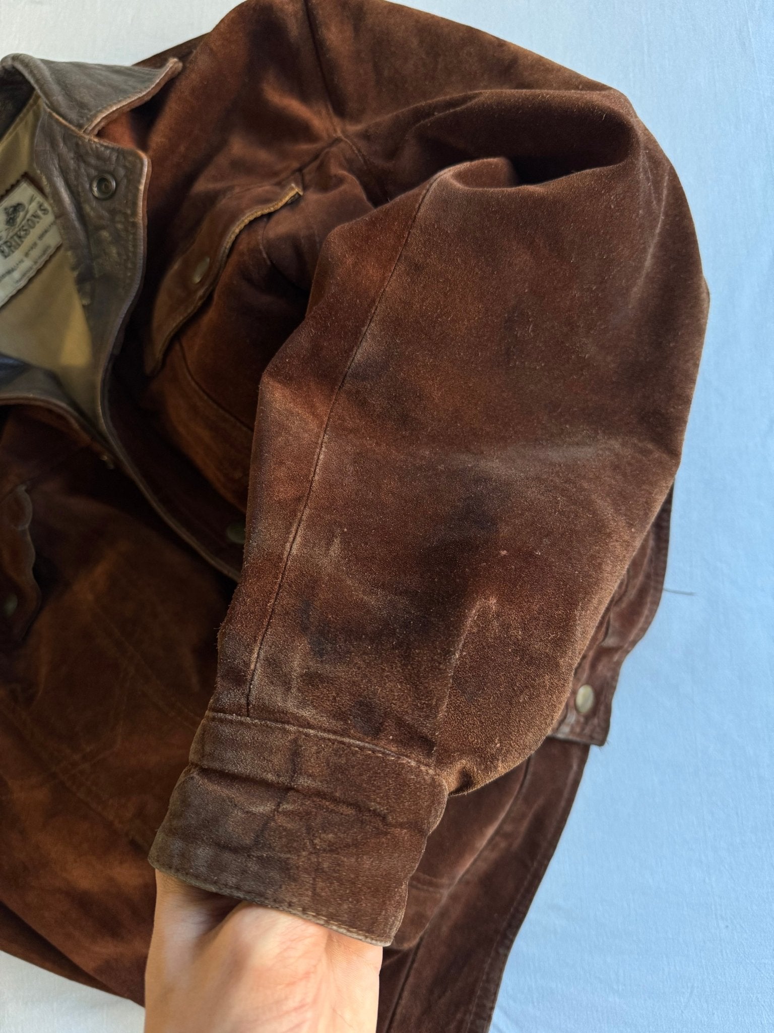 🏍️ Geacă vintage din piele întoarsă tip trucker – bărbați M – guler din piele, fabricată în Franța - anbracaminte