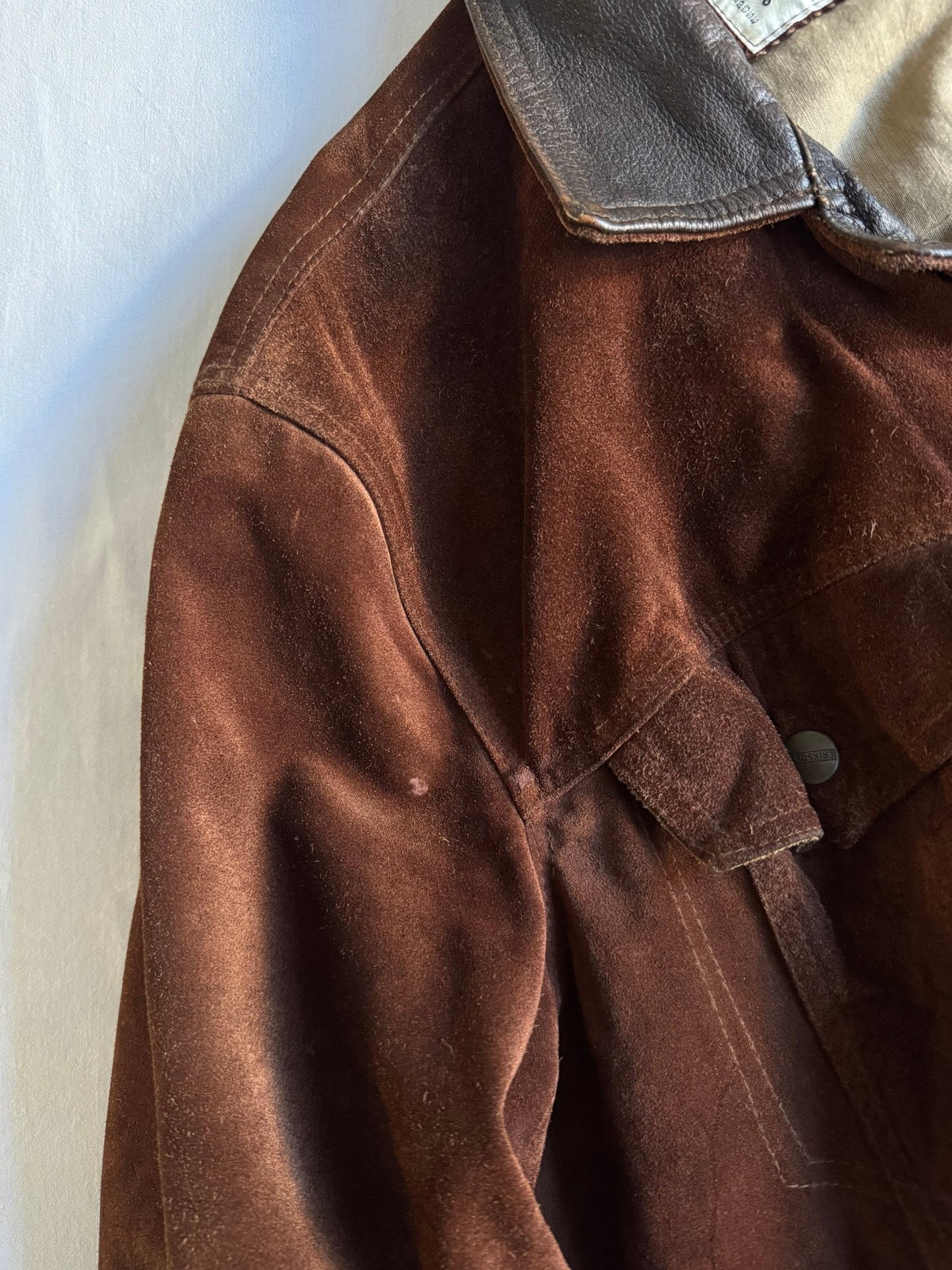 🏍️ Geacă vintage din piele întoarsă tip trucker – bărbați M – guler din piele, fabricată în Franța - anbracaminte