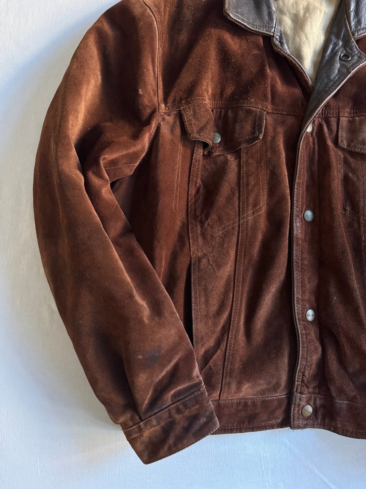 🏍️ Geacă vintage din piele întoarsă tip trucker – bărbați M – guler din piele, fabricată în Franța - anbracaminte