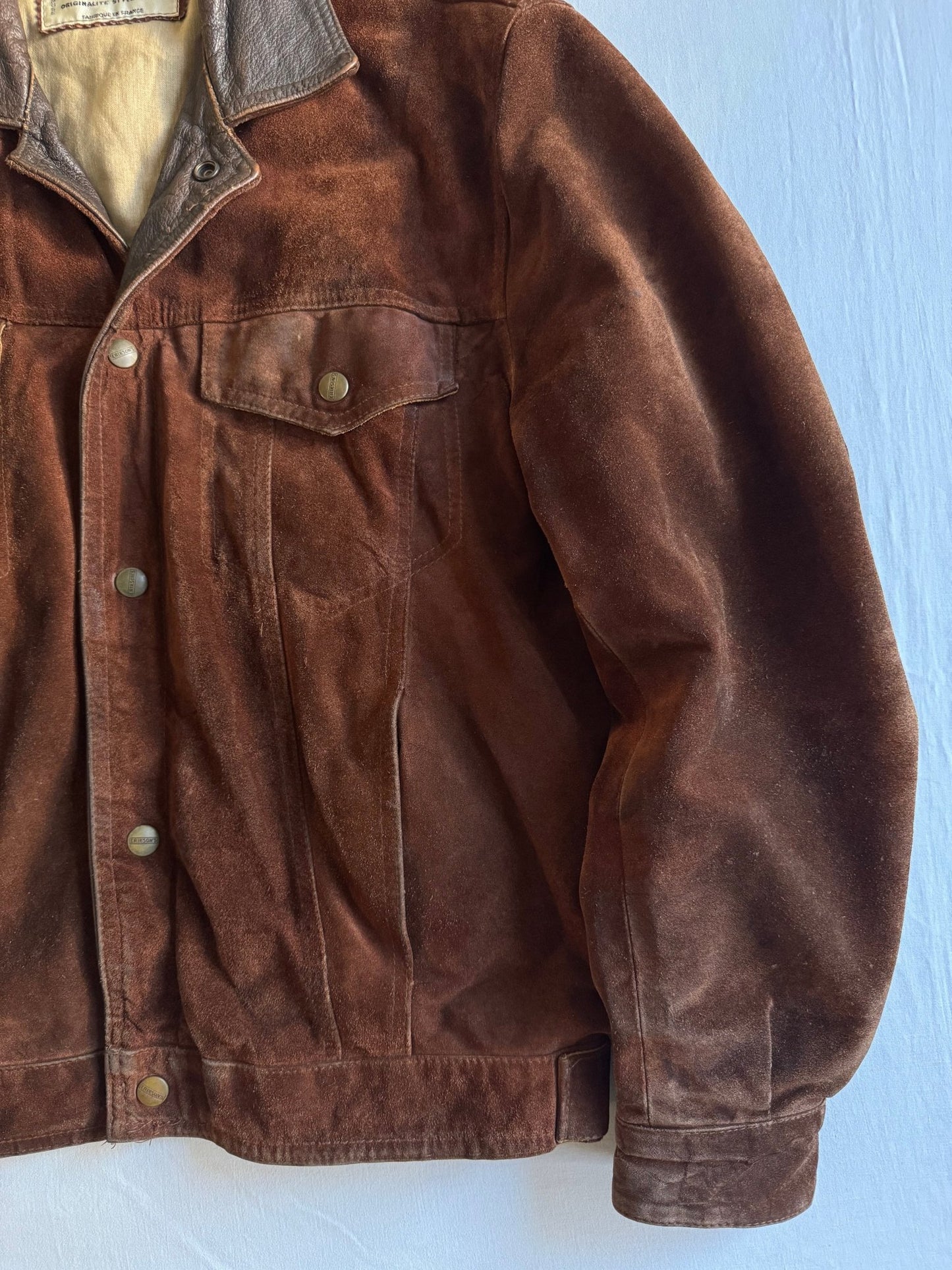 🏍️ Geacă vintage din piele întoarsă tip trucker – bărbați M – guler din piele, fabricată în Franța - anbracaminte