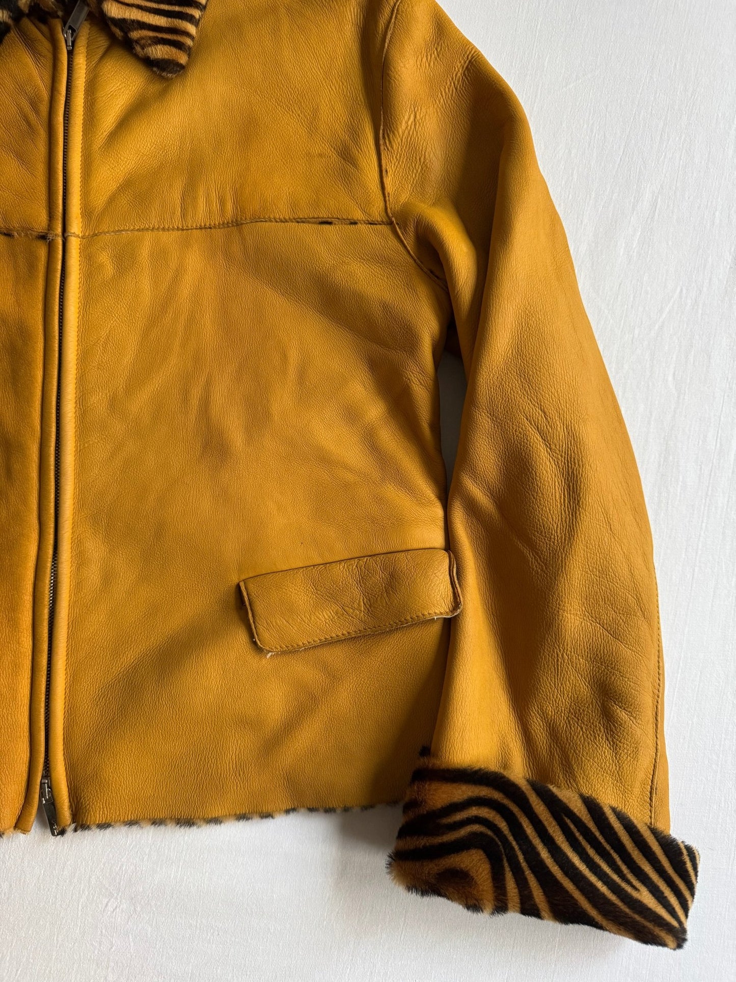 🦓 Geacă vintage din piele italiană / Căptușeală imprimeu zebră (L femei) - anbracaminte