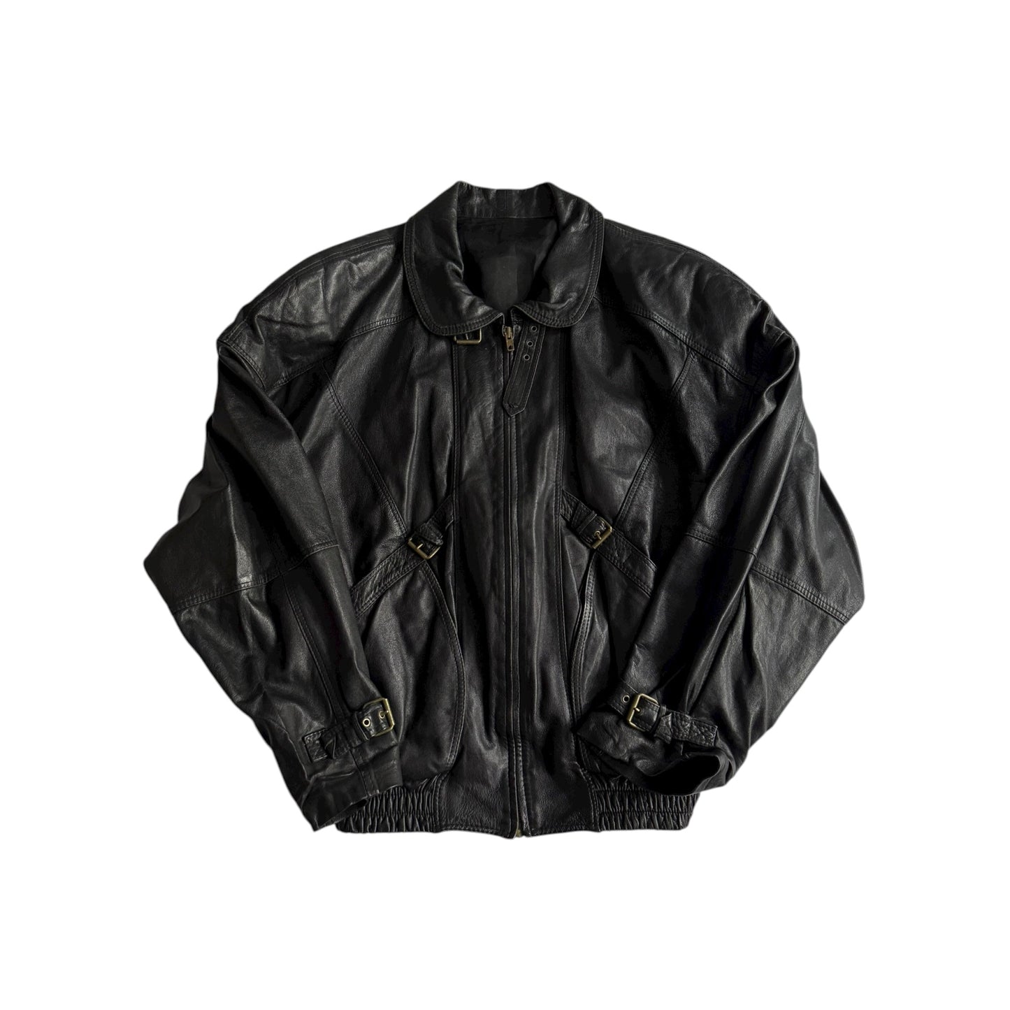 👨‍✈️ Geacă vintage din piele neagră tip bomber / Cropped Fit cu curele – Made in Italy (L bărbați) - anbracaminte