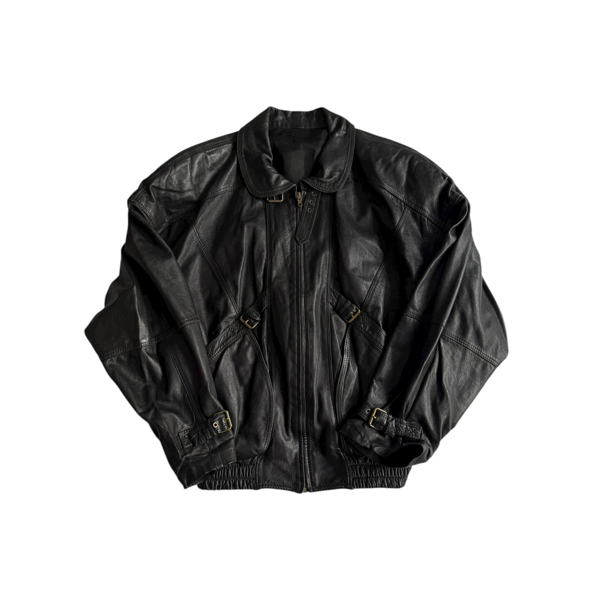 👨‍✈️ Geacă vintage din piele neagră tip bomber / Cropped Fit cu curele – Made in Italy (L bărbați) - anbracaminte